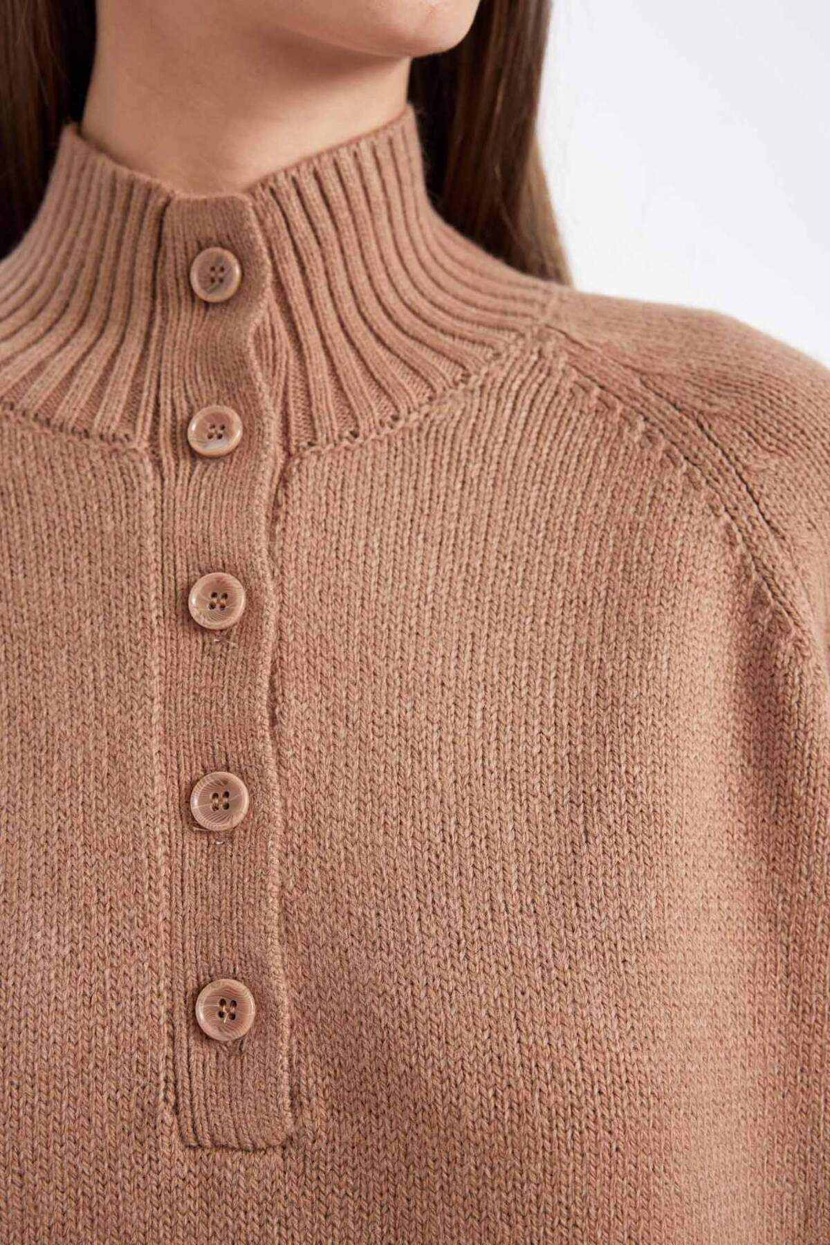 DeFacto-Relax Fit Soft Textured Button Collar Basic Plain Knitwear Sweater C9056Ax24Wn 4