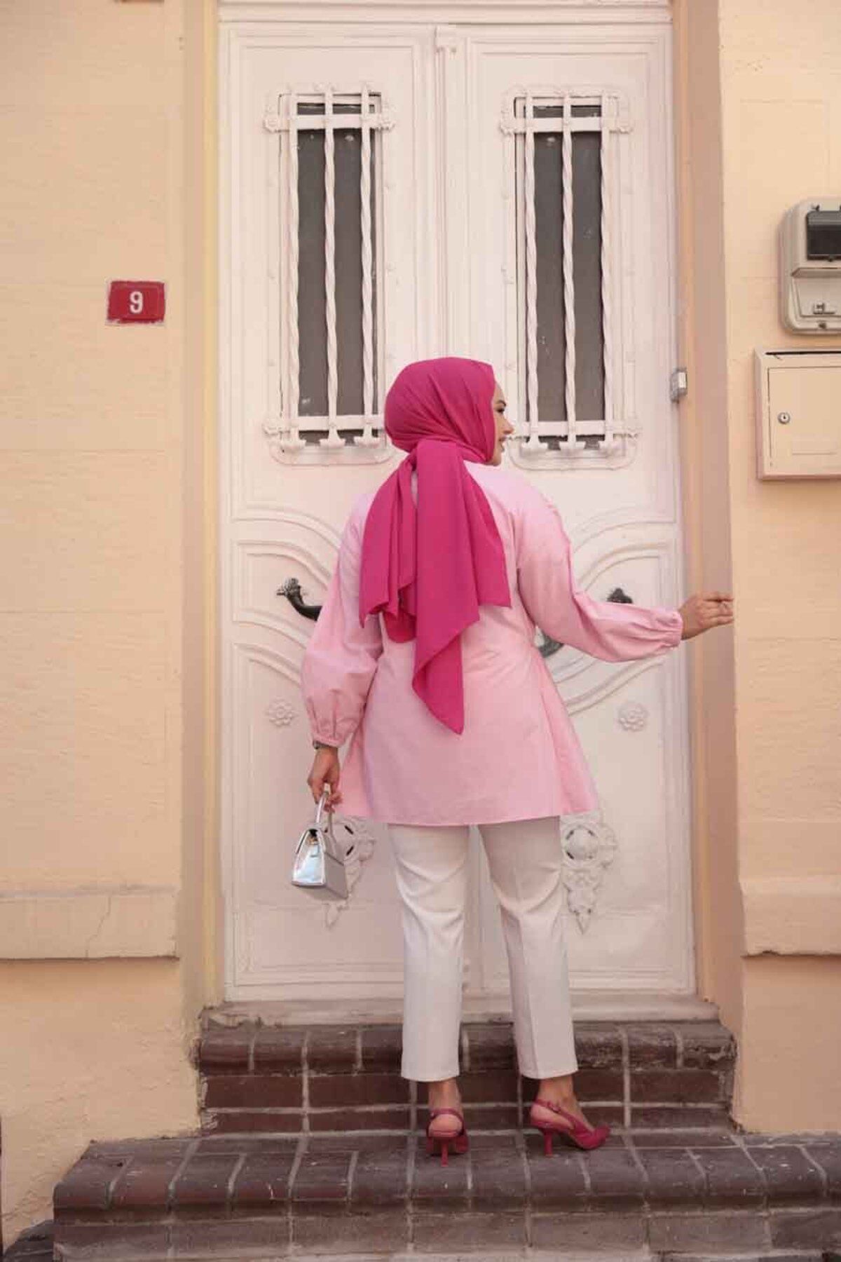 N.S NEVA STYLE-Pink Hijab Tunic with Gather Detail 101042P 4