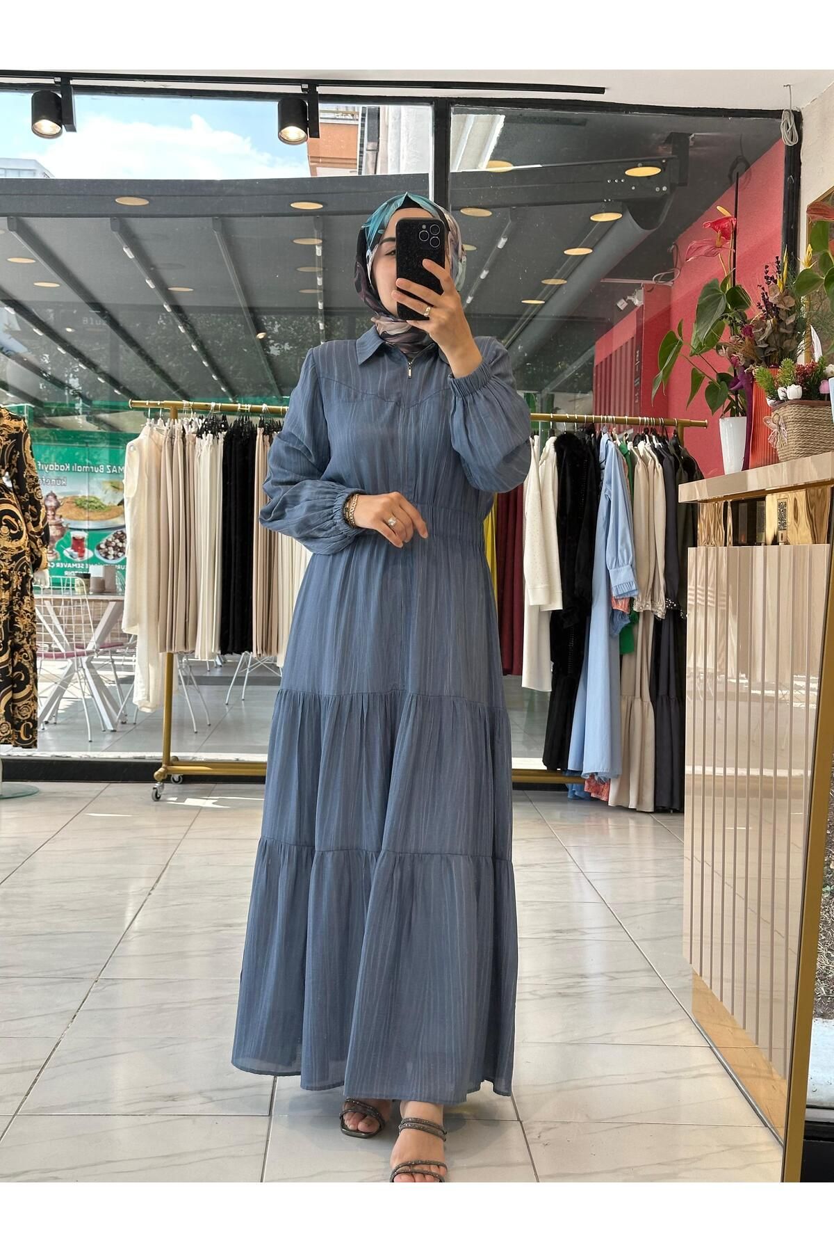 Cashmere Moda-Cotton Lined Front Zipper Self Patterned Elastic Waist Summer Thin Dress 3
