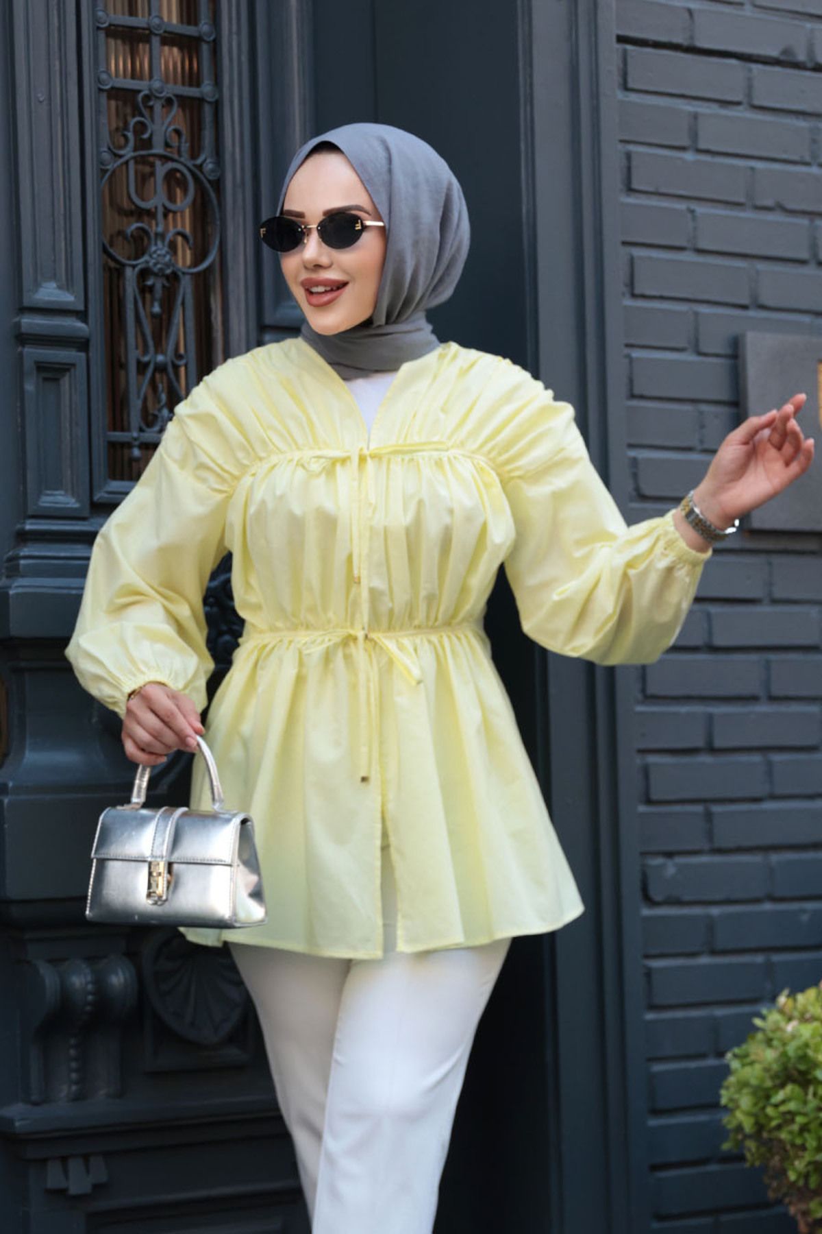 N.S NEVA STYLE-Yellow Hijab Tunic with Drawstring Detail 101042Sr 2