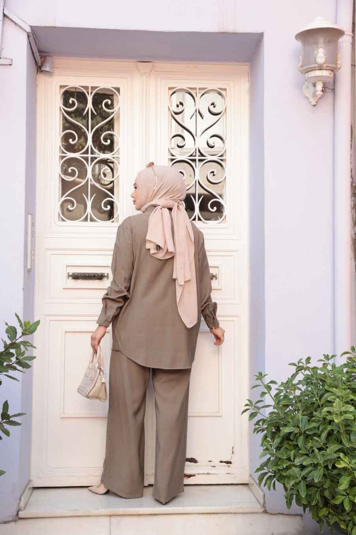 N.S NEVA STYLE-Beaded Light Khaki Hijab Double Set 19030Ahk 3