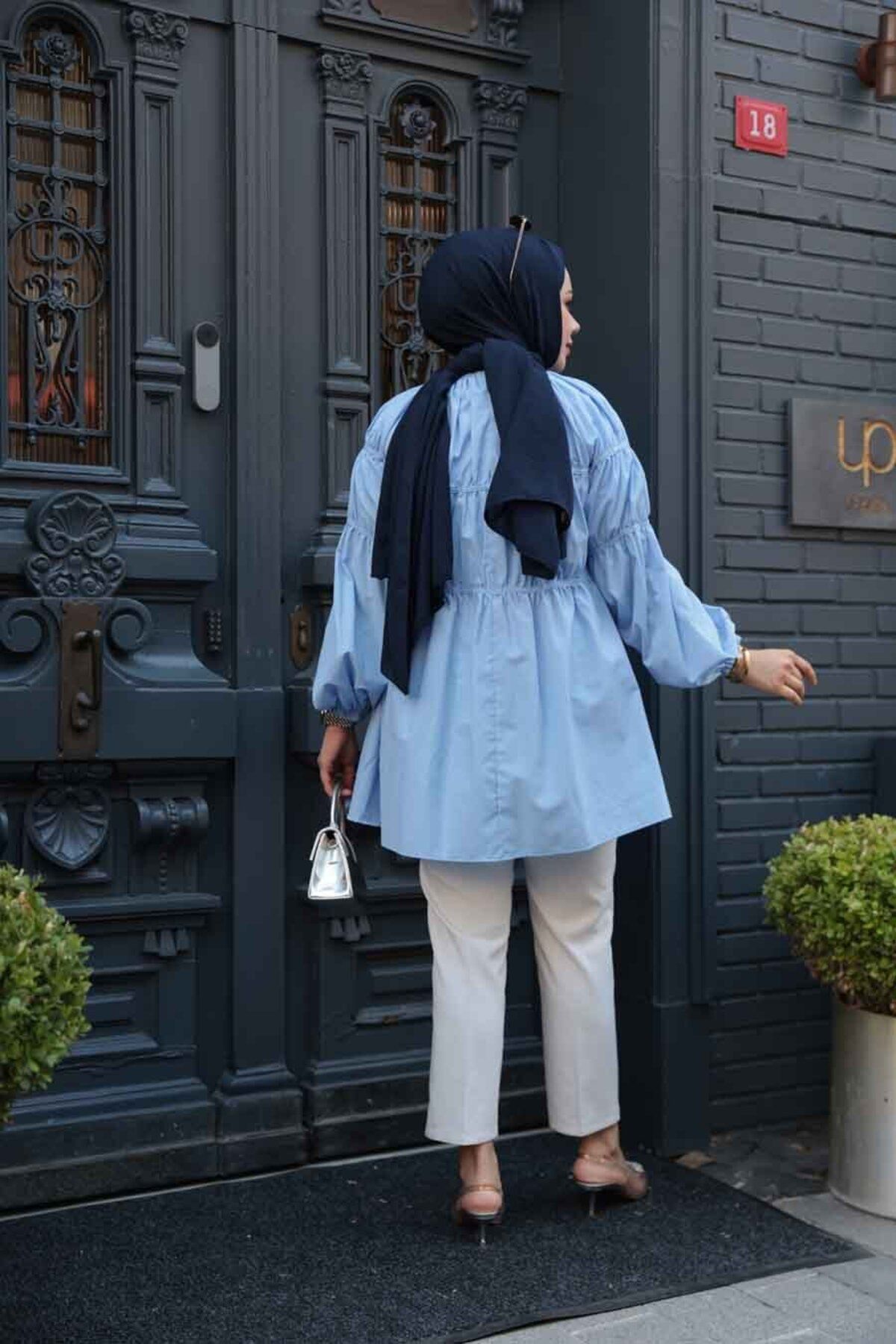 N.S NEVA STYLE-Baby Blue Hijab Tunic with Drawstring Detail 101033Bm 3