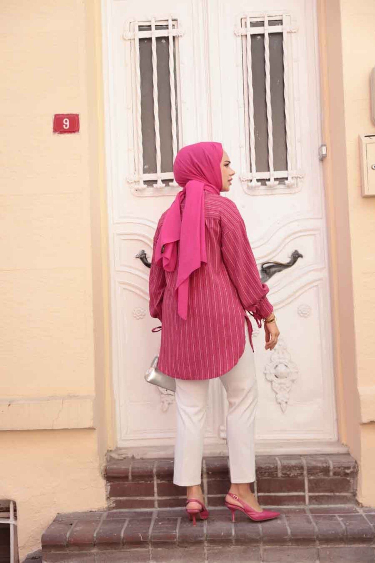 N.S NEVA STYLE-Striped Fuchsia Hijab Tunic 101016F 4
