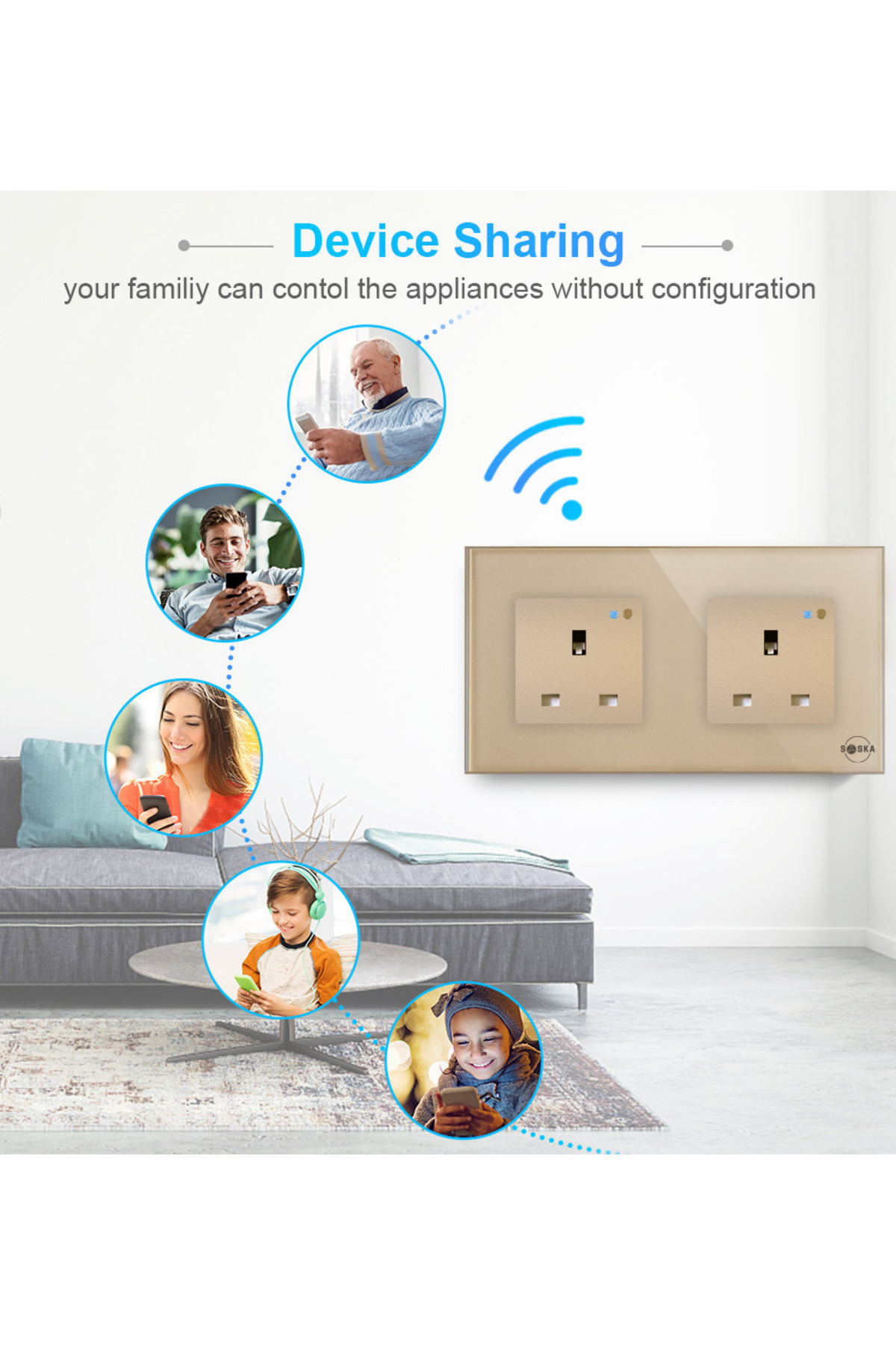 SASKA-Smart Wall Socket Outlet WiFi - App Control & Works with Alexa/Google (Gold, Double Socket) 6