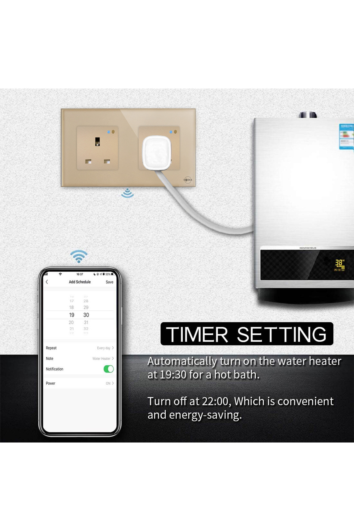 SASKA-Smart Wall Socket Outlet WiFi - App Control & Works with Alexa/Google (Gold, Double Socket) 5
