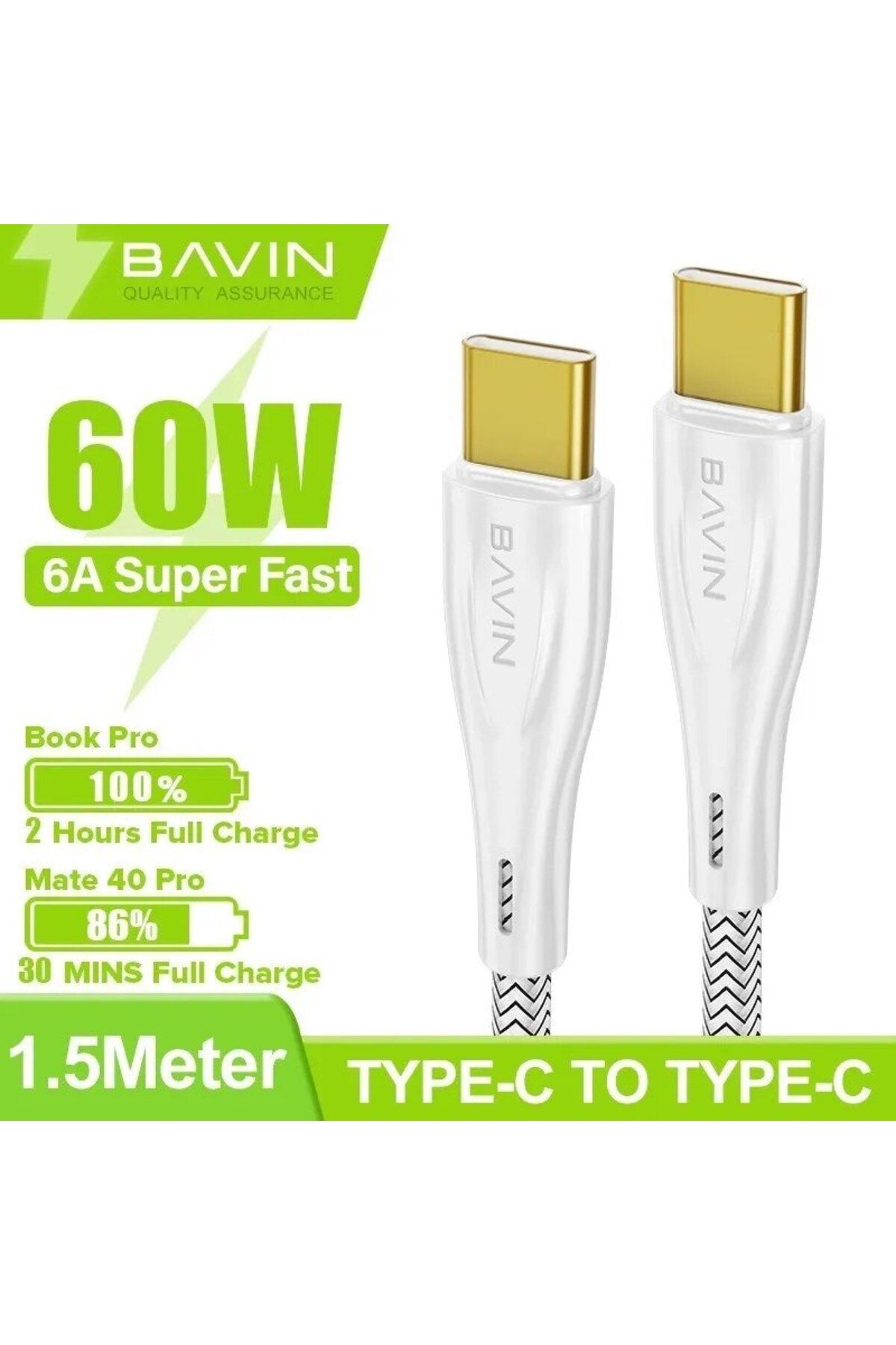 Bavin-Cablu de date și încărcare rapidă CB228, USB-C la USB-C, 60W, 1,5m, alb 4
