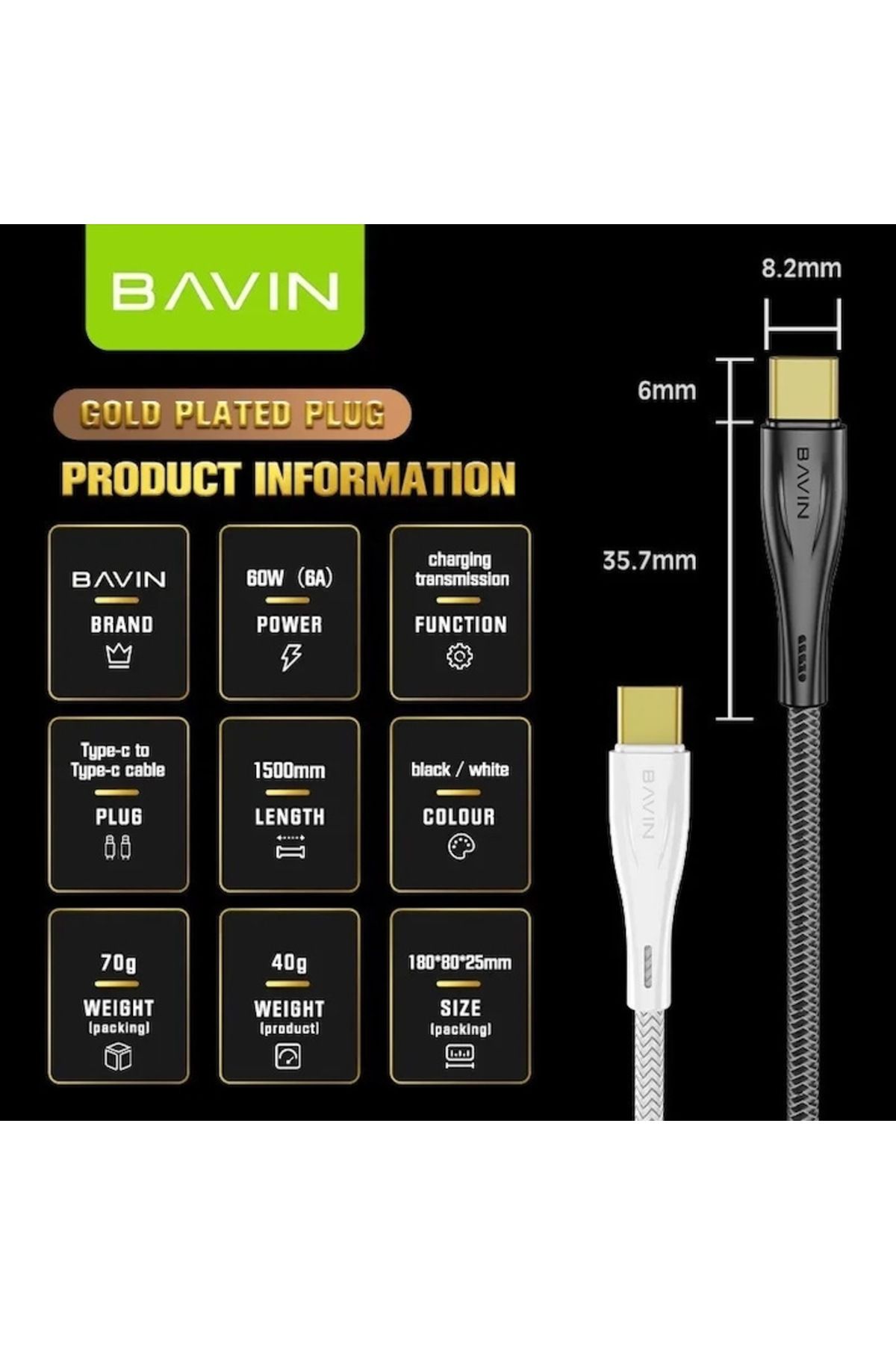 Bavin-Cablu de date și încărcare rapidă CB228, USB-C la USB-C, 60W, 1,5m, alb 3