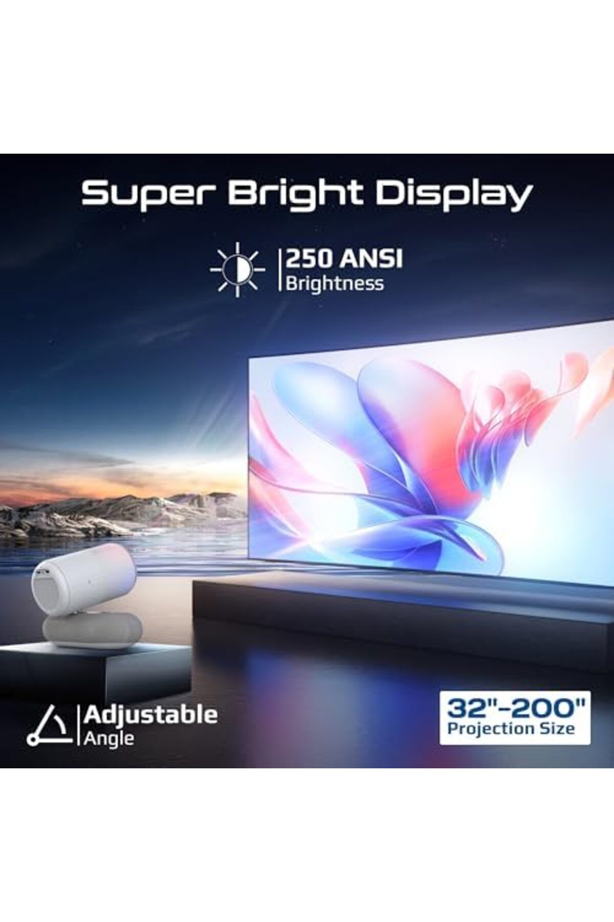Promate-جهاز عرض LCD لاسلكي بدقة 4K مع نظام Android 13، 250 لومن ANSI، والتركيز التلقائي، وتصحيح الانحراف التلقائي 8