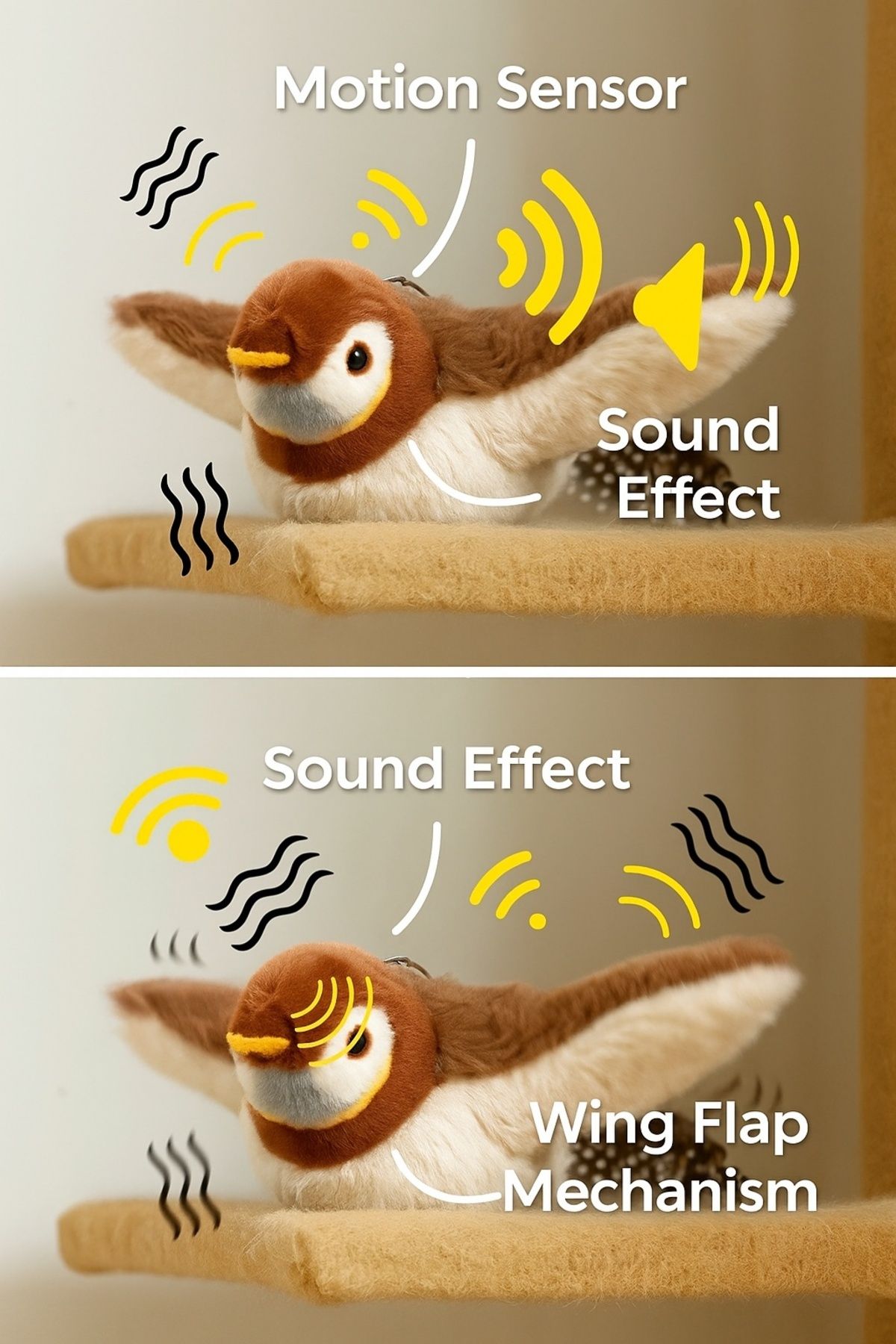 Busstier-Touch Sound Flapping Wings Hangable Plush Bird Cat Toy Movable Interactive 2