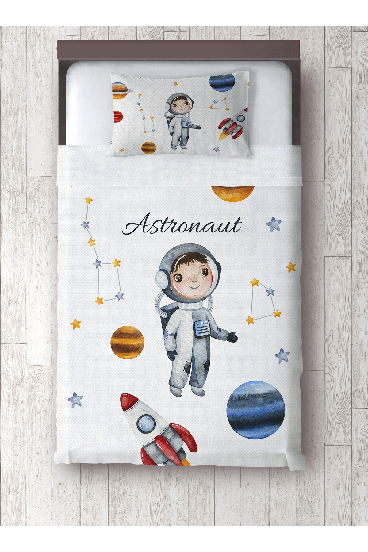 yok yok evim eve dair her şey-Astronaut Patterned Single Bedspread and Pillowcase Set 2