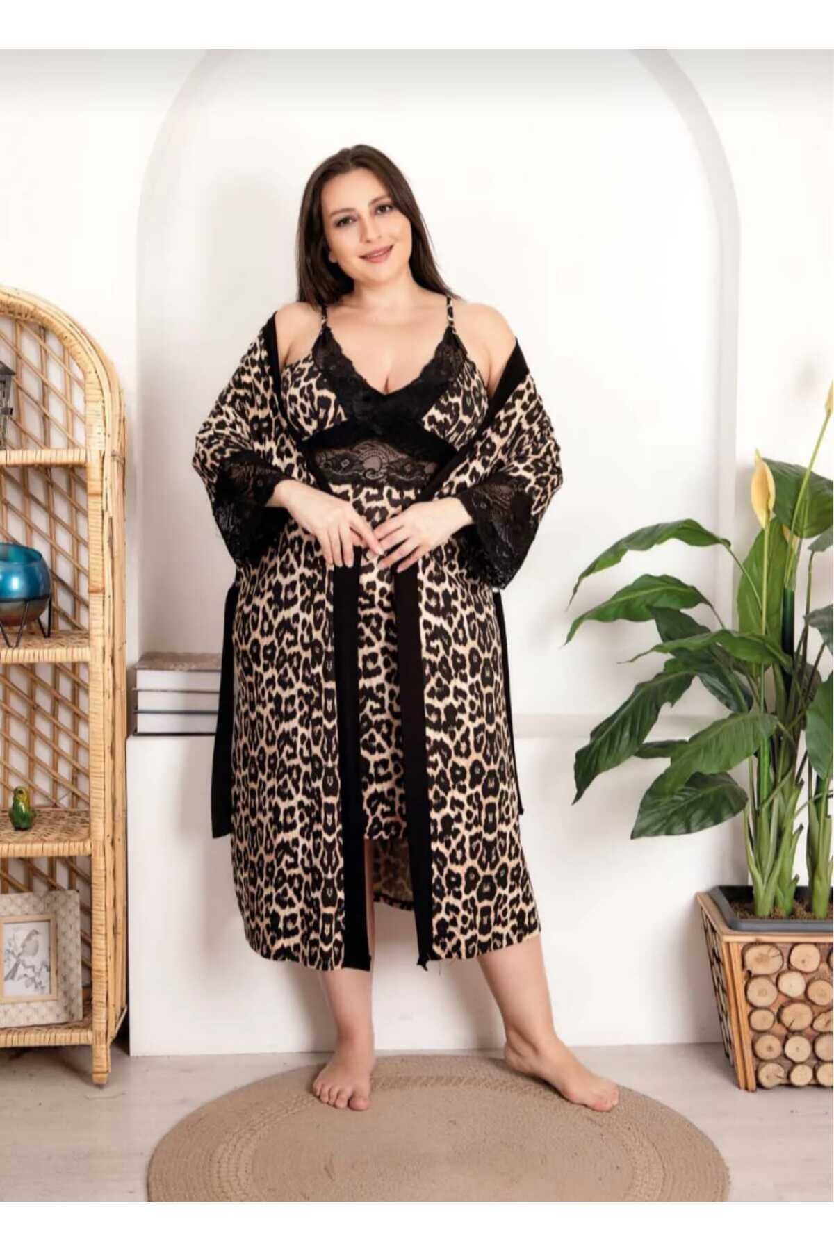 Eyfuze Kadın Büyük Beden Curve Likralı Penye 2 Parça Sabahlıklı Gecelik Takım