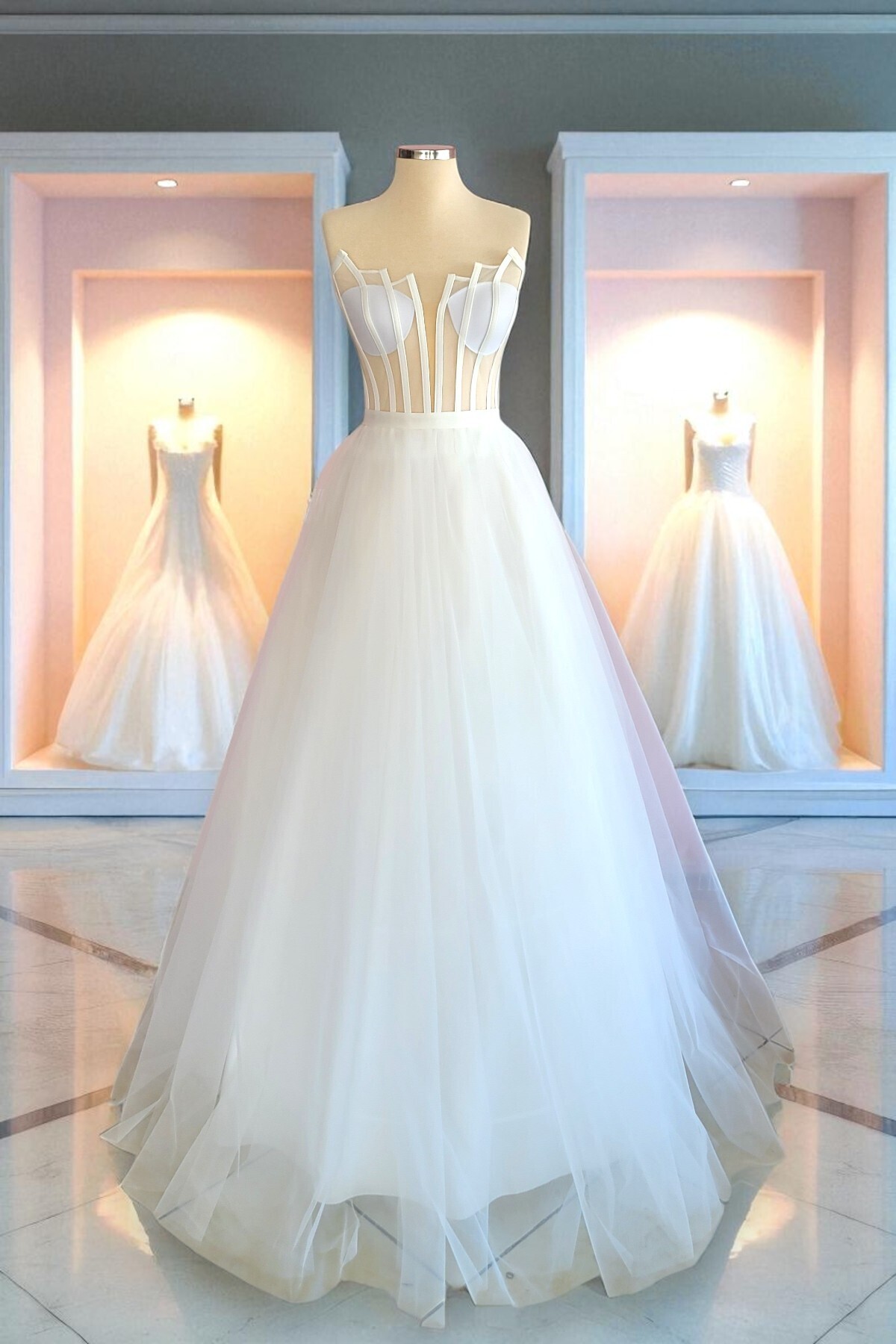 Transparent Step Neck Maxi Length Ready Made Blank Tulle Evening Dress and Wedding Dress