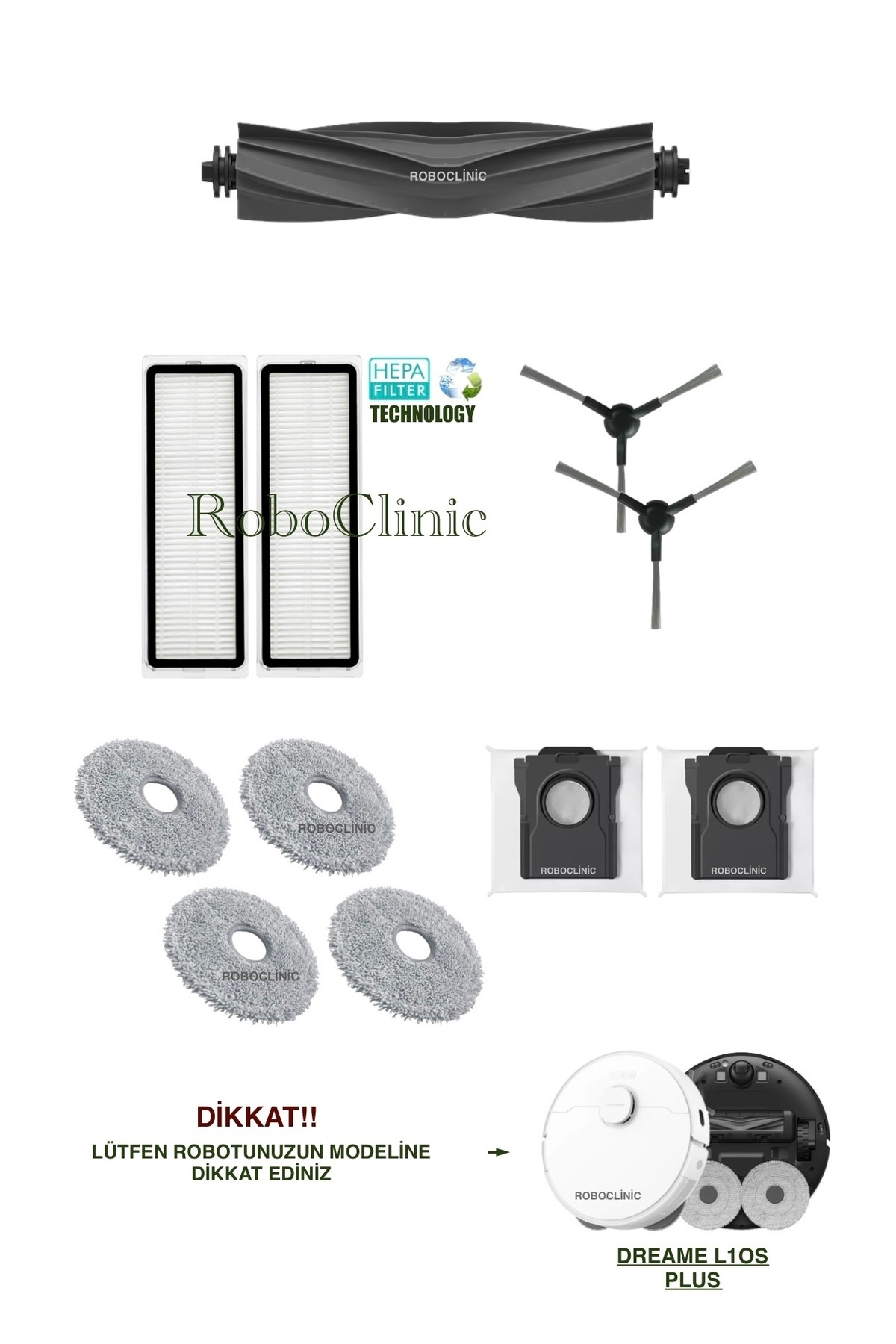 Roboclinic Dreame L10s Plus Robot Süpürge Uyumlu Yedek Toz Torbası, Fırça, Hepa Filtre, Mop Seti-11 Parça