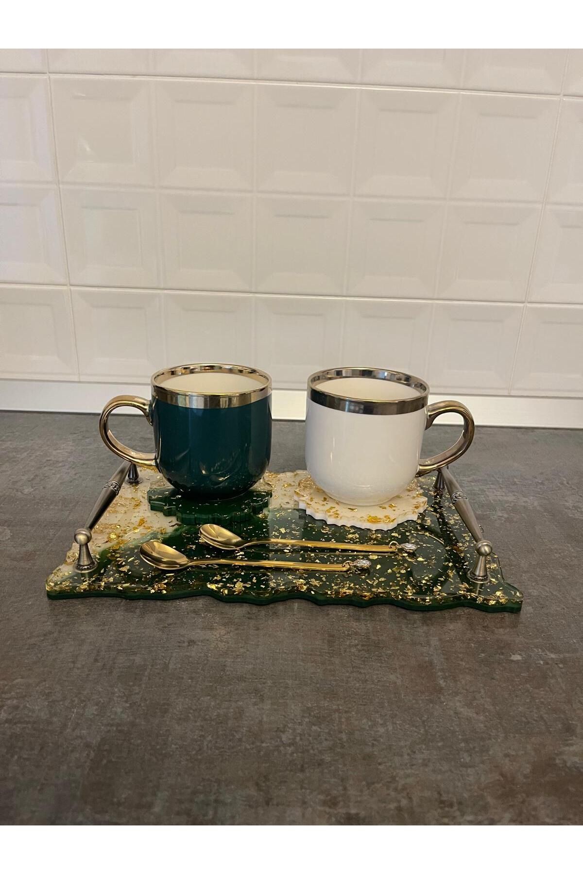 SART Creative-Epoxy Serving Tray Set with Cups, Stand and Spoons - 30x18 Cm 2