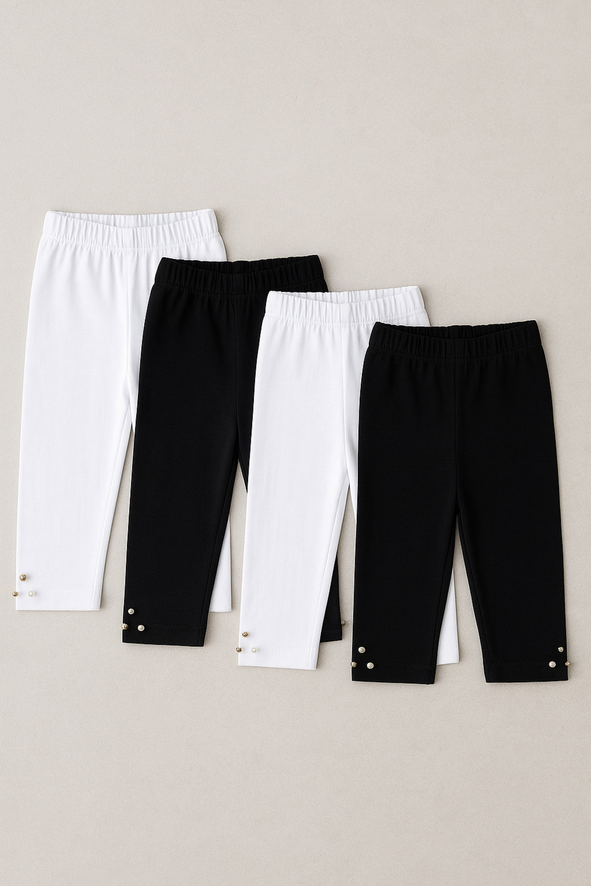 4pcs Bead Leg Detail Girls 100%100 Cotton Spacious Fabric Capri Leggings Set Black White Set