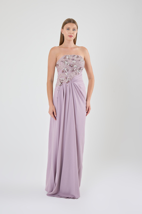 ROJBEY KADIN ABİYE STRAPLEZ DRAPE DETAYLI YIRTMAÇLI ŞIK ELBİSE