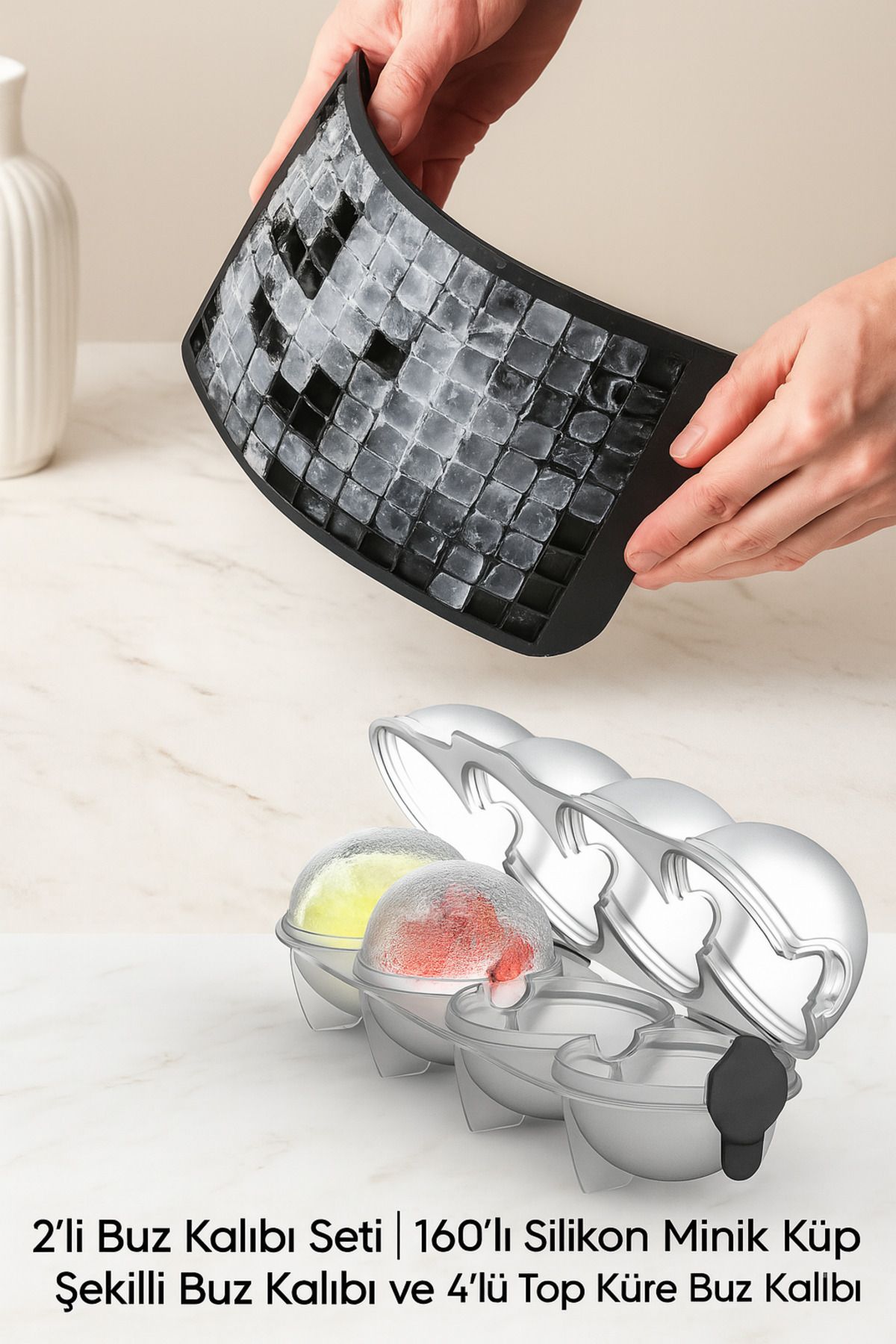 Anadolu Saray-Set of 2 Ice Molds| 160 Pieces Silicone Small Cube Shaped Ice Mold and 4 Ball Sphere Ice Mold 1