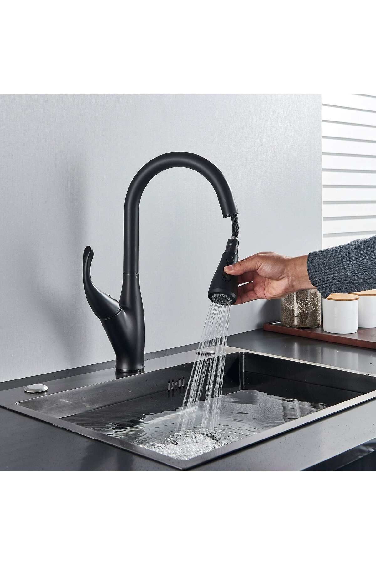 CasaVie-Kochen Matte kitchen faucet, matte black, with 2 flow functions and pull-out shower, code 1382 3