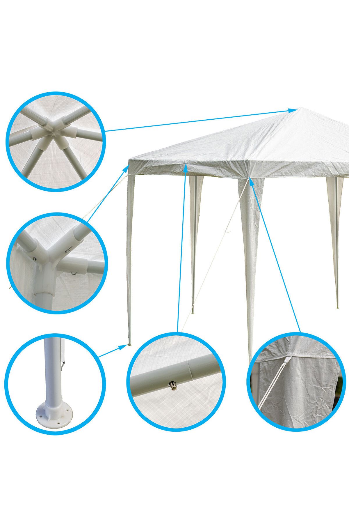 zola-Pavilion de gradina hexagonal, 2 x 2 x 2.6 m, pereti detasabili, cadru otel, polietilena, alb 4
