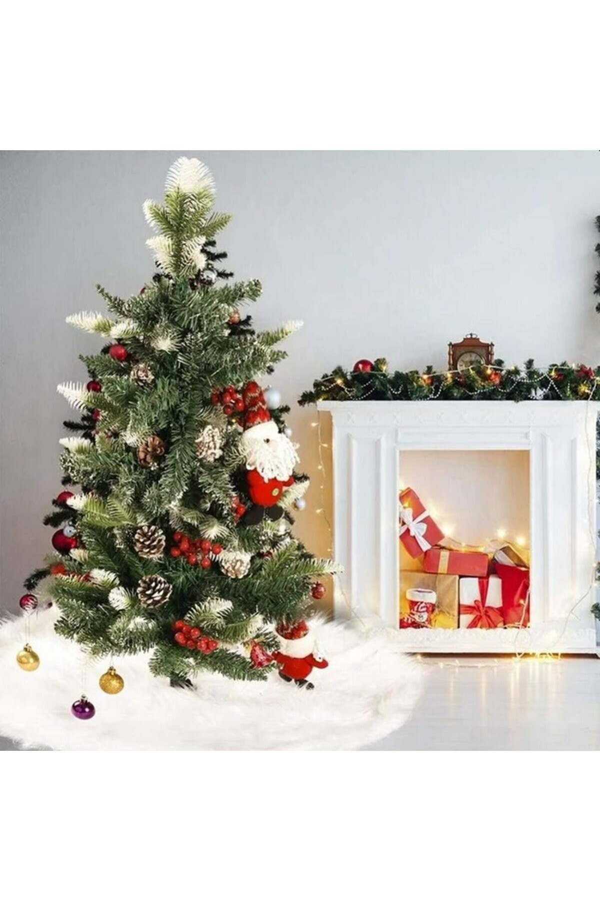 PROCART Fustă de covor din blană albă pentru brad de Crăciun, diametru 120 cm, pufoasă, aspect de zăpadă