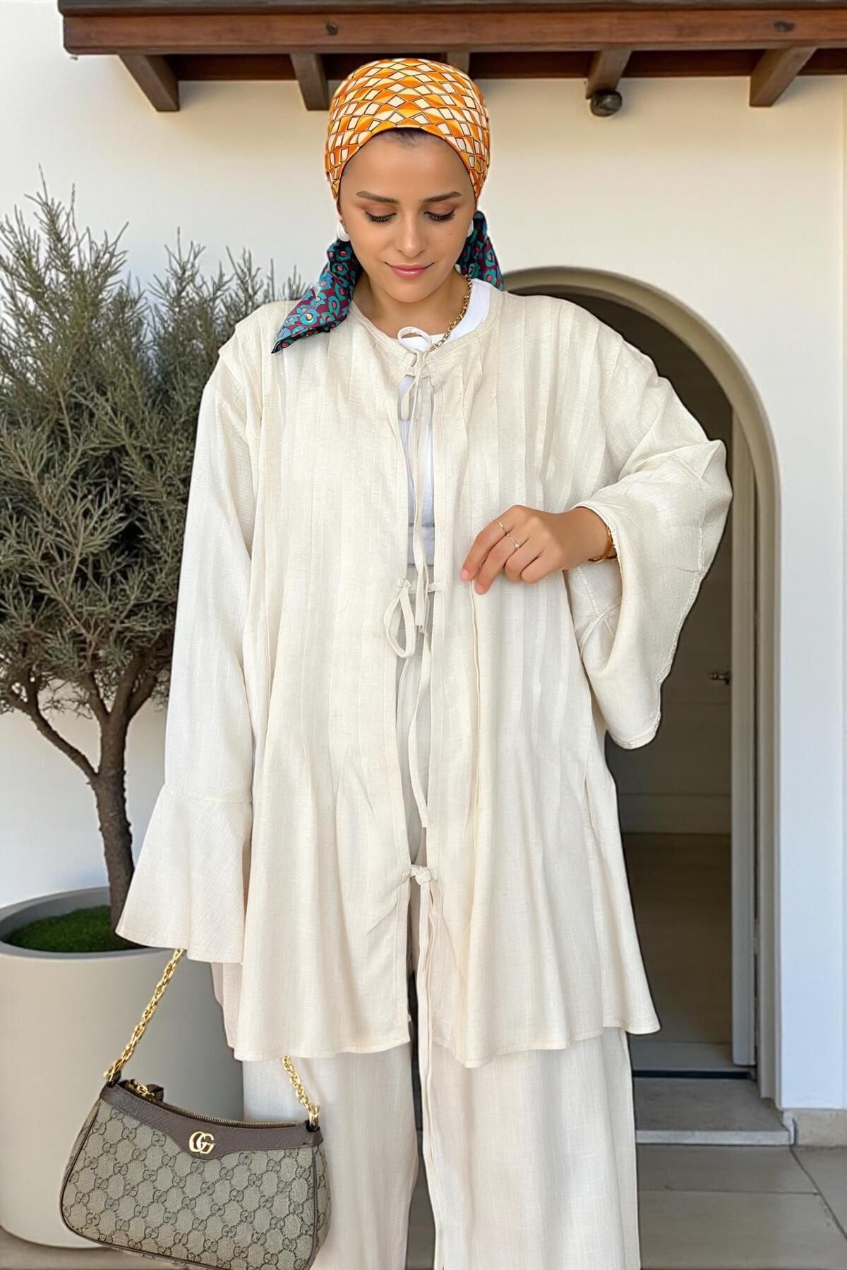 Aselim Hijap Moda-Comfortable Raw Linen Double Set - Pleated Wide Sleeve Tunic Set Beige 1