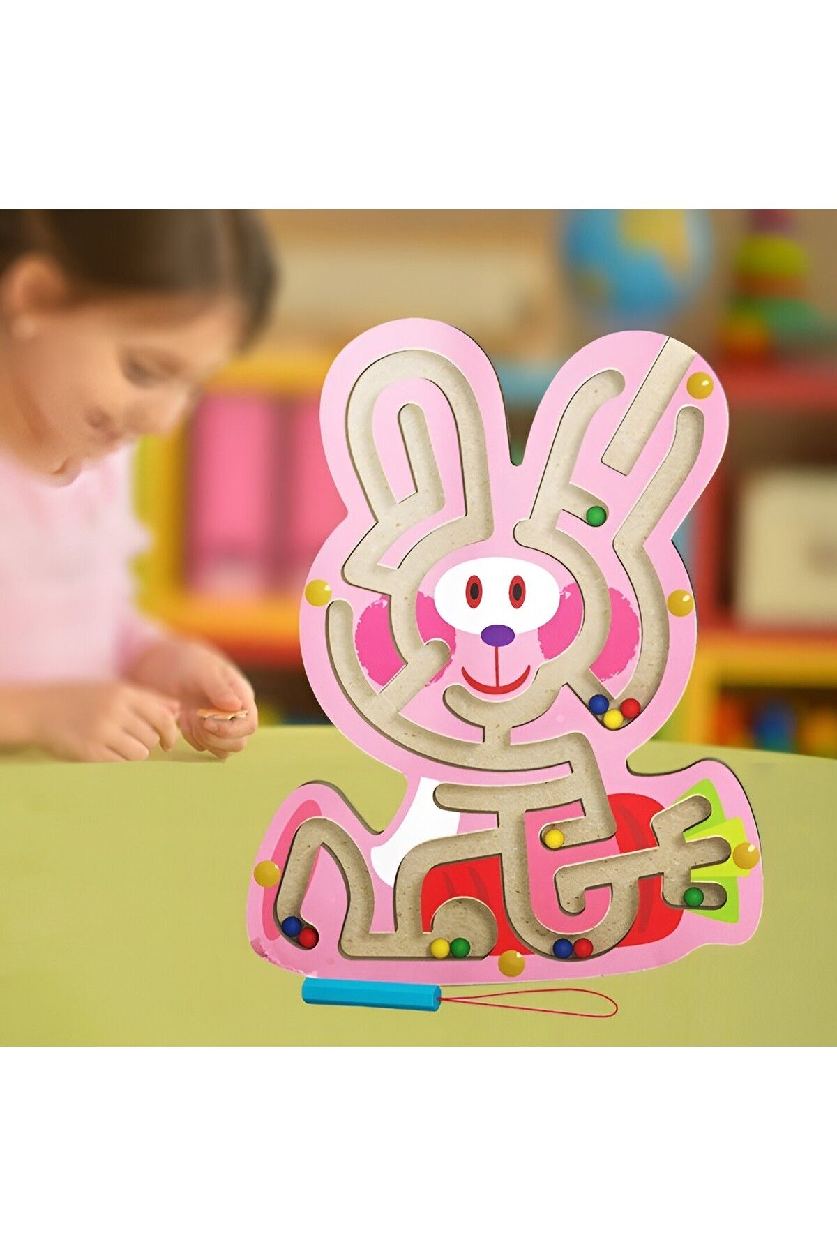 Flippy-Joc cu minge Montessori, Flippy, creion magnetic, tip labirint, din lemn, model iepuraș, 19,5x15,5 cm, roz 4