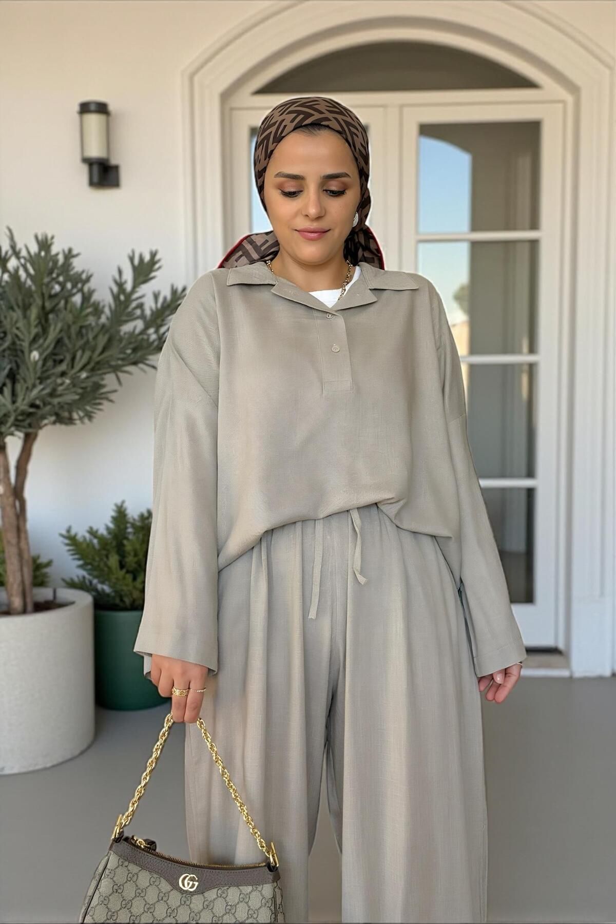 Aselim Hijap Moda-100% Raw Linen Kimono Sleeve Double Set - Mink with Straw Belt 2