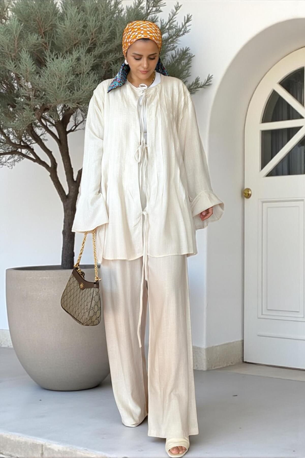 Aselim Hijap Moda-Comfortable Raw Linen Double Set - Pleated Wide Sleeve Tunic Set Beige 4