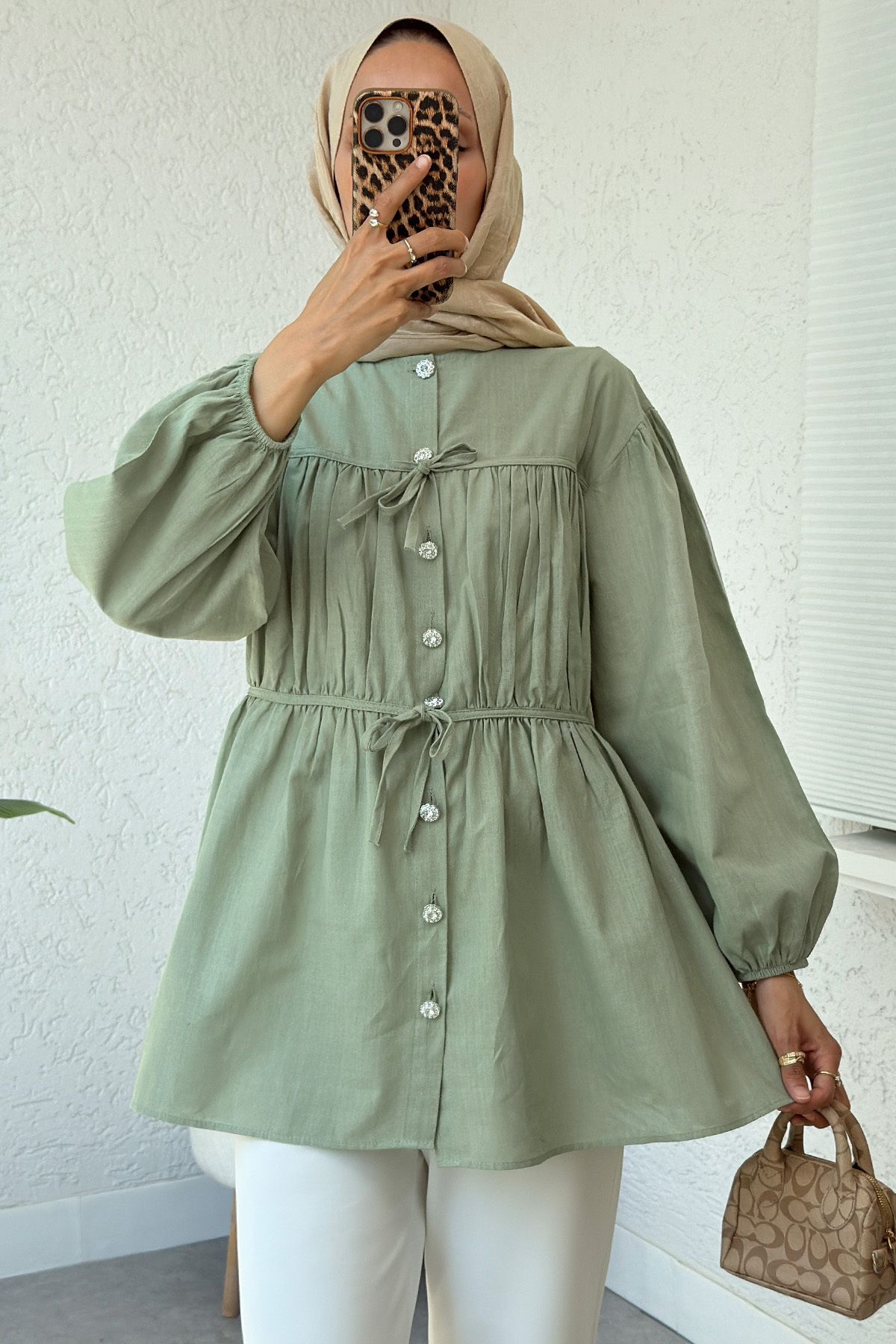 Salih Çelebi-Drawstring Detailed Lace-Up Tunic 2366 - Khaki 2