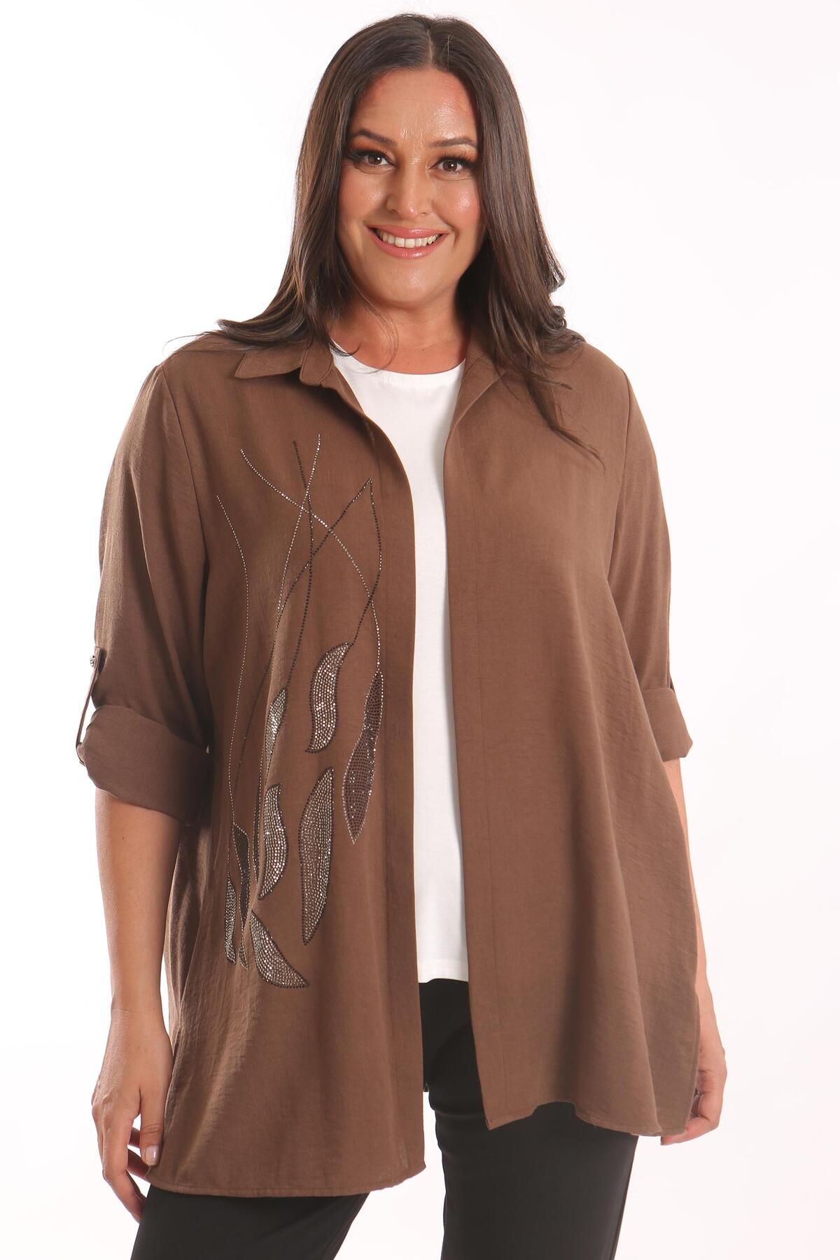 SERTUĞ-Tren42plus Plus Size Epaulet Stone εμπριμέ καφέ διπλό σετ 1
