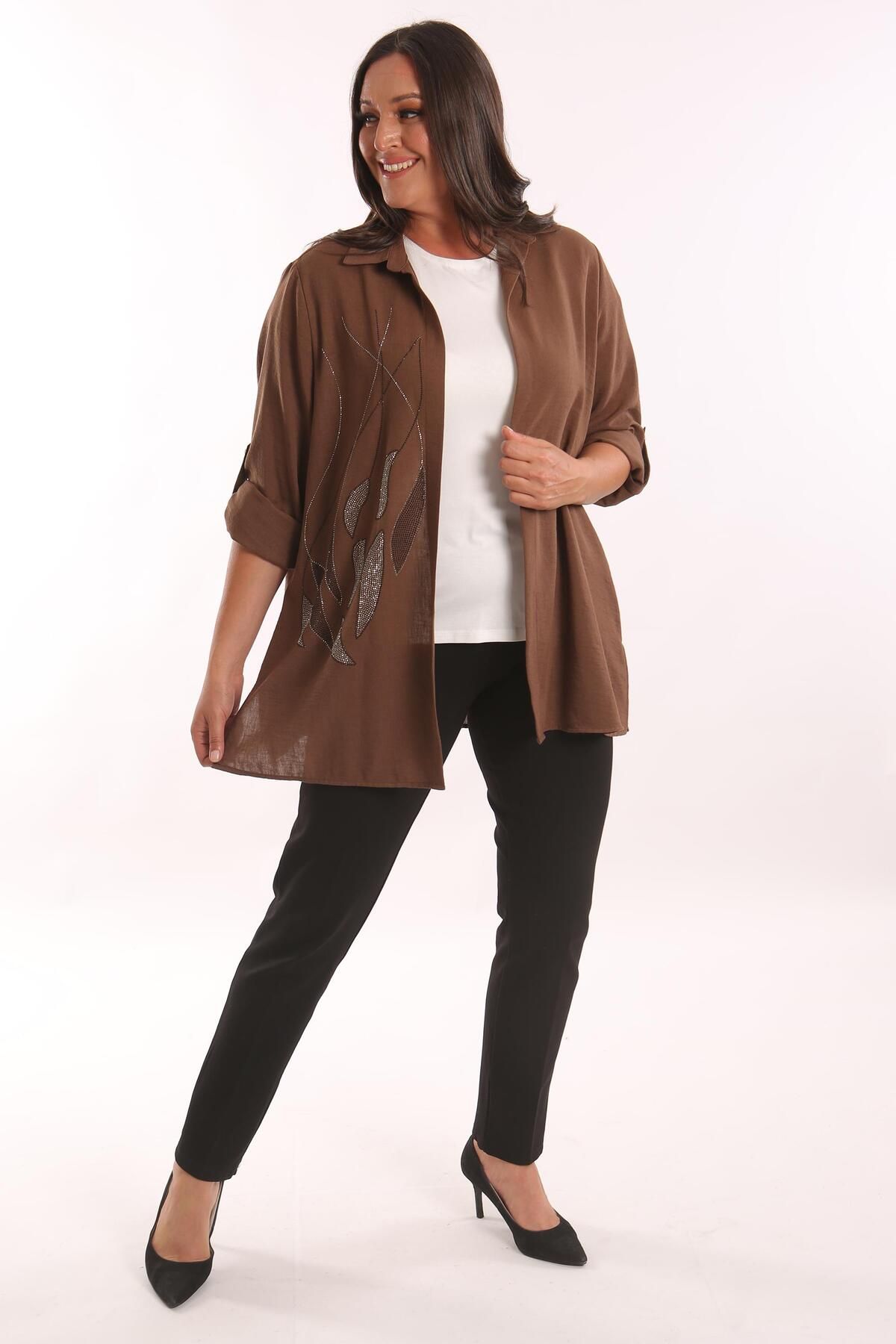 SERTUĞ-Tren42plus Plus Size Epaulet Stone εμπριμέ καφέ διπλό σετ 4