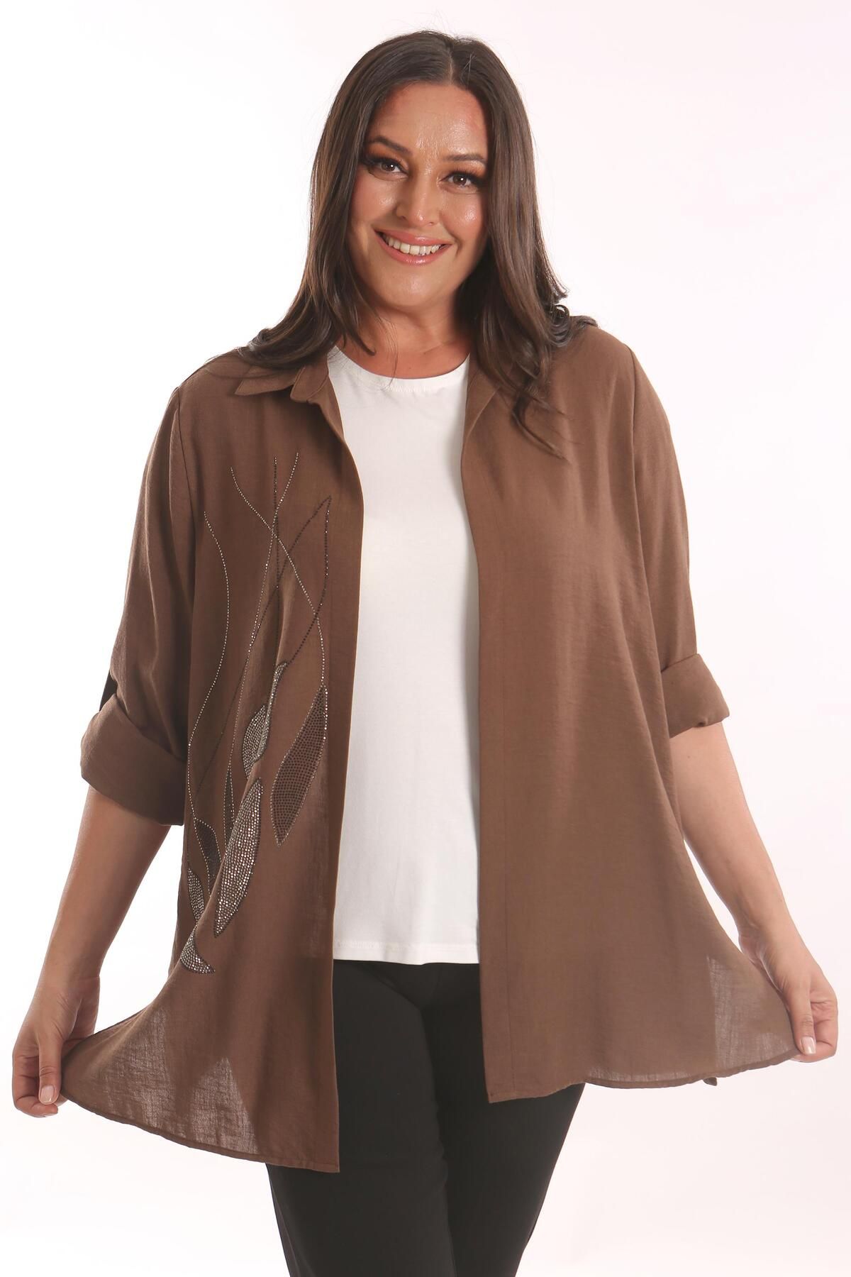 SERTUĞ-Tren42plus Plus Size Epaulet Stone εμπριμέ καφέ διπλό σετ 3