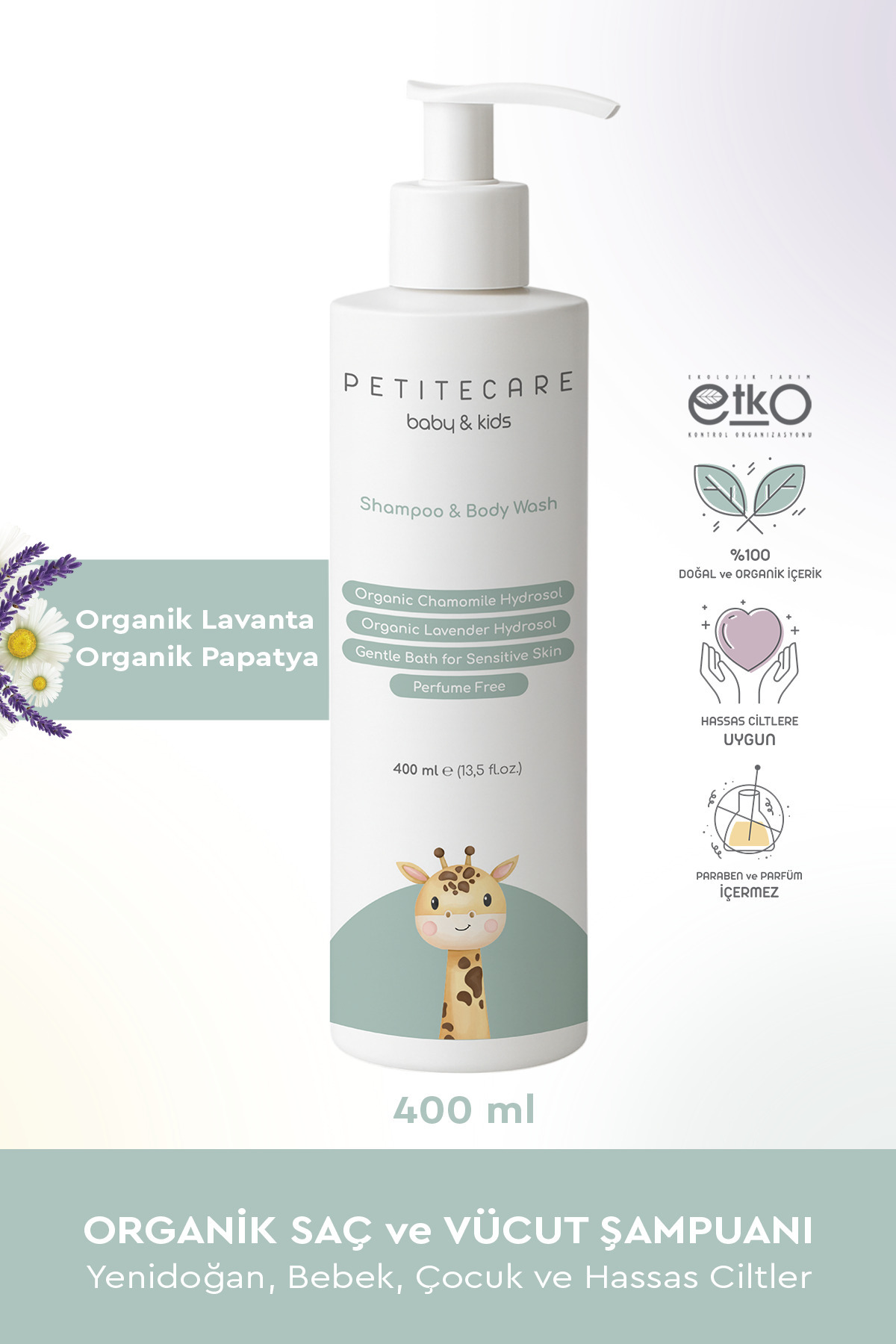 PETITECARE baby&kids Organik Yenidoğan, Bebek, Çocuk Saç ve Vücut Şampuanı, Parfümsüz, Organik Sertifikalı İçerik, 400 ML