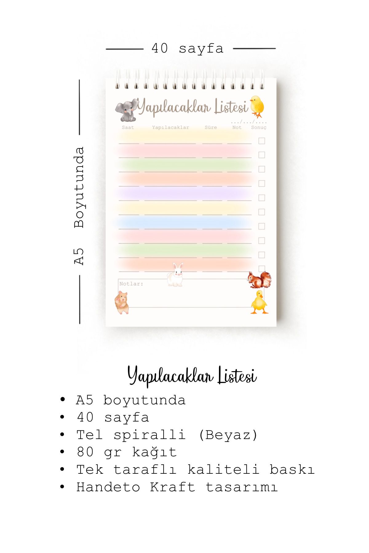 Handeto Kraft-Cute Animals Turkish to Do List, To-Do List, A5 To-Do List, Task List, Spiral 3