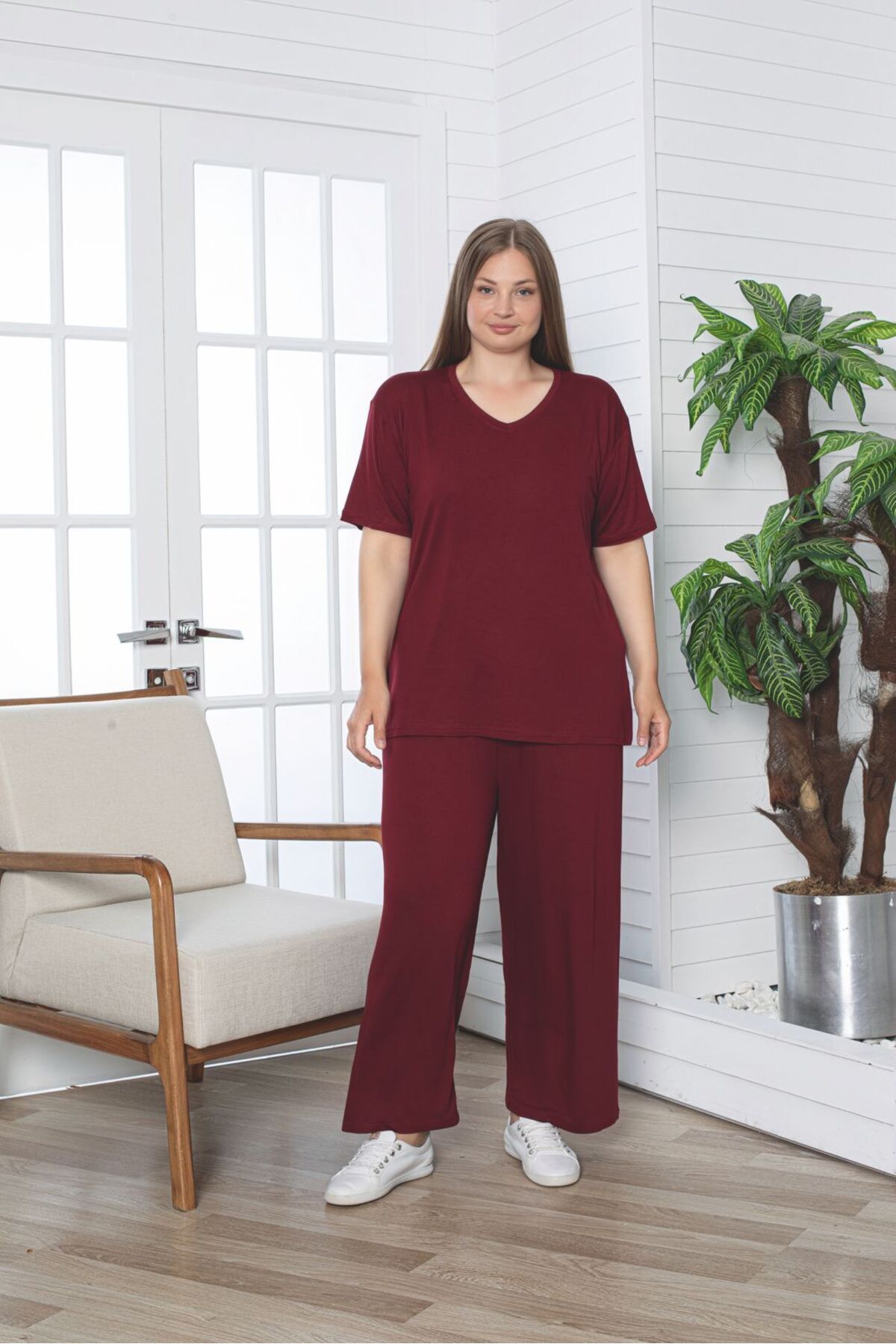 Asel-Large Size Lycra Combed Cotton Fabric Side Slit 2-Piece Stylish Tunic Bottom-Top Set 1