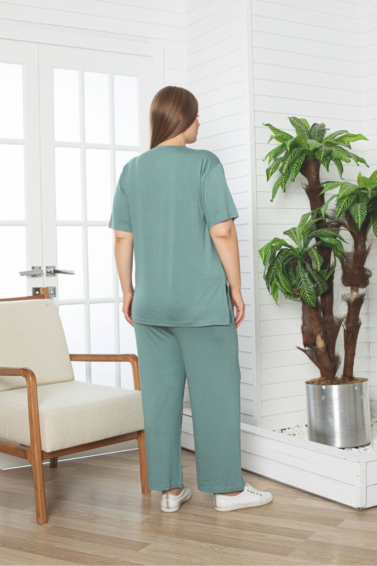Asel-Large Size Lycra Combed Cotton Fabric Side Slit 2-Piece Stylish Tunic Bottom-Top Set 3