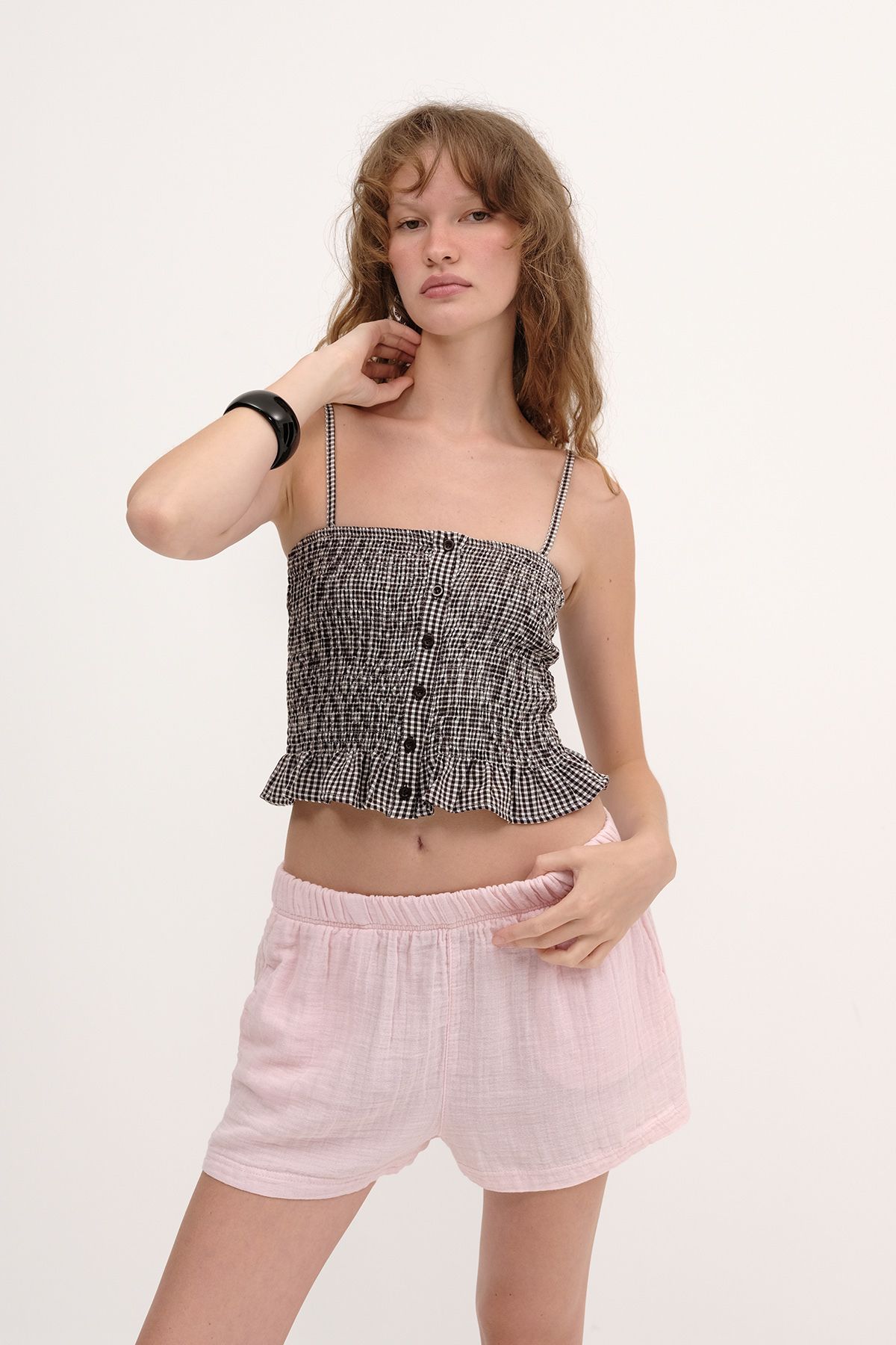 Addax-Gingham Patterned Buttoned Blouse A17282-S1 1