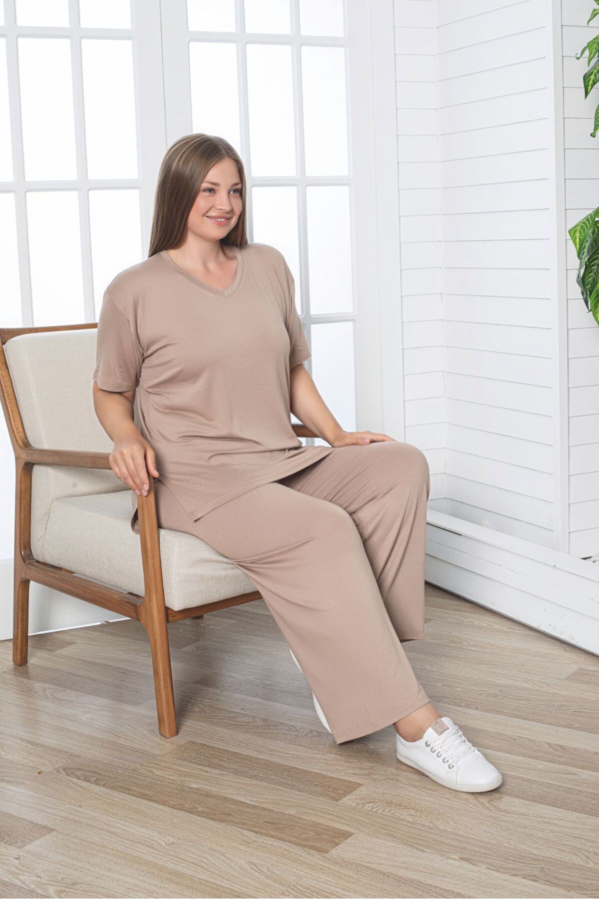 Asel-Large Size Lycra Combed Cotton Fabric Side Slit 2-Piece Stylish Tunic Bottom-Top Set 2