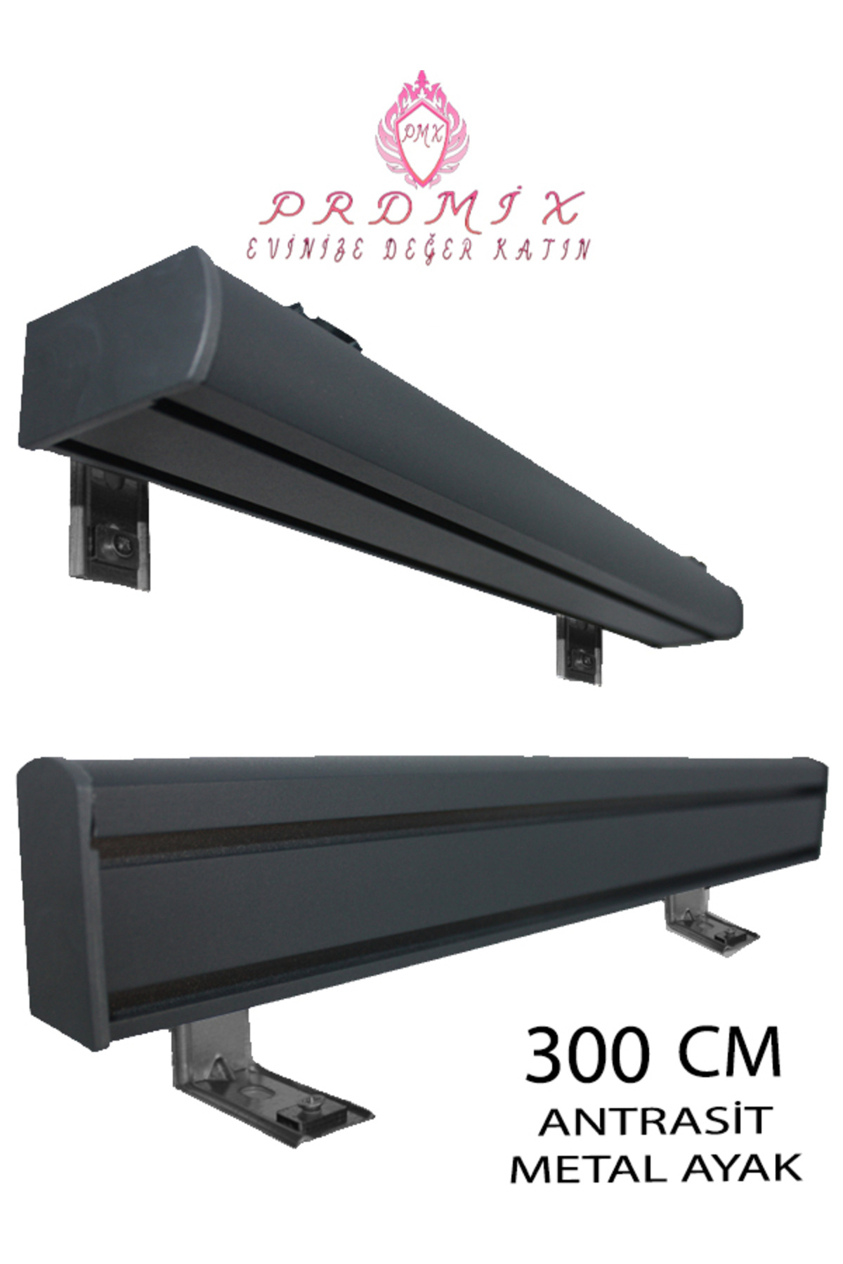 PERDE Mix 300 cm ANTRASİT VİP Dekoratif Perde Ray Kornişi Alüminyum 2 Kanallı 8 cm Boyalı Metal Ayaklı