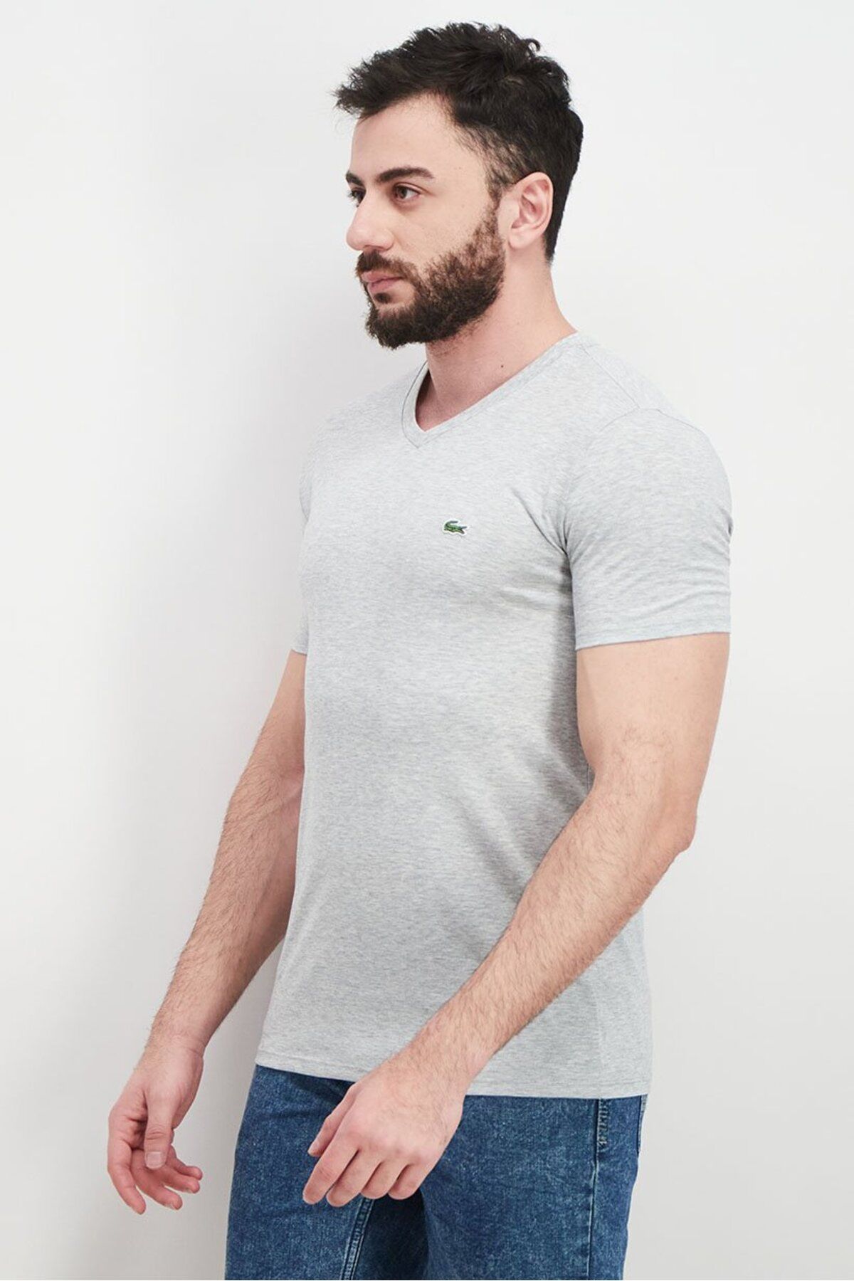 Lacoste-Men V-neck Short Sleeve Heather T-shirt, Grey 4