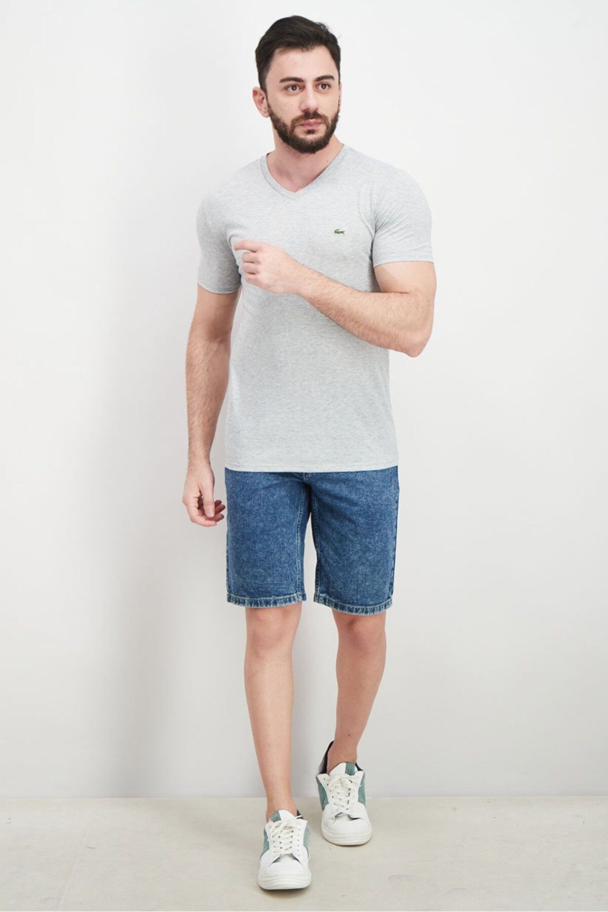 Lacoste-Men V-neck Short Sleeve Heather T-shirt, Grey 3