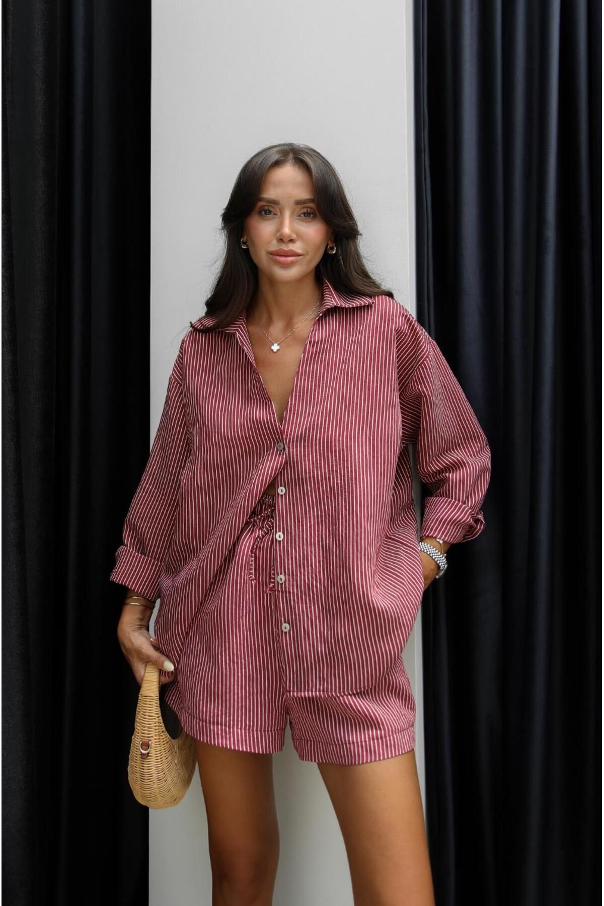 Havoş-Burgundy Striped Shirt Shorts Set 6