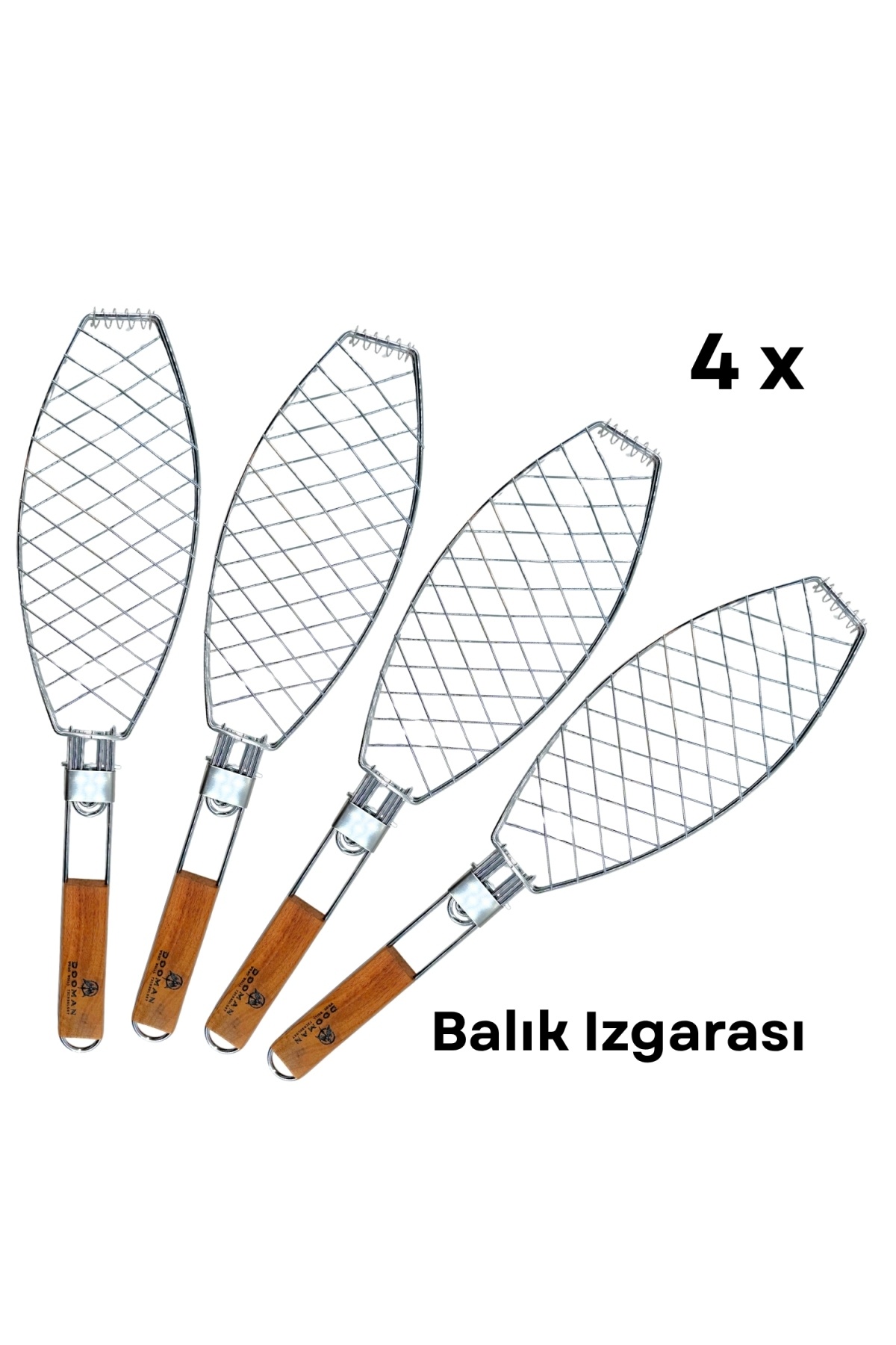 Meaty Cheesy Dooman 4'lü Paslanmaz Çelik Balık Izgara Teli Ahşap Saplı 30x13 cm Izgara Alanı - 318g