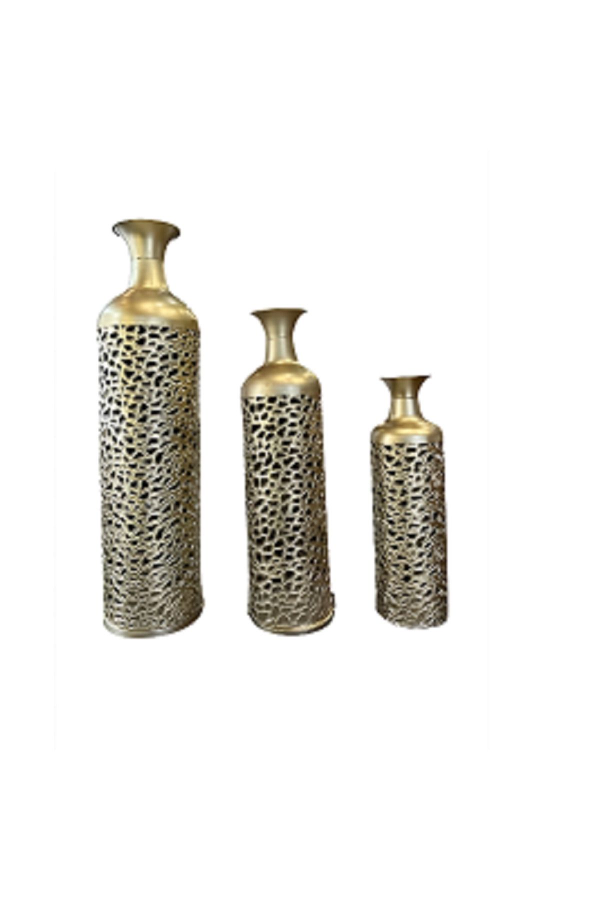 rexa-Set of 3 Abstract Patterned Metal Decorative Vases with Open Frame Design 1