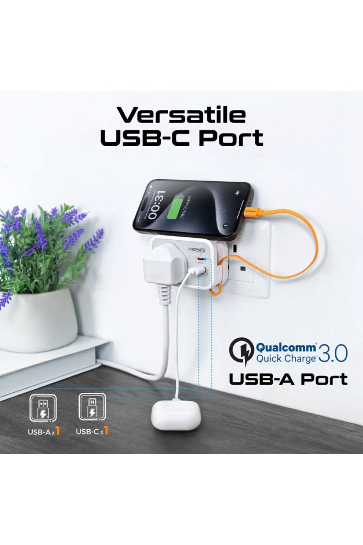 Promate-Multi-Function AC Socket Charger with Built-In 20W PD USB-C Cable 5