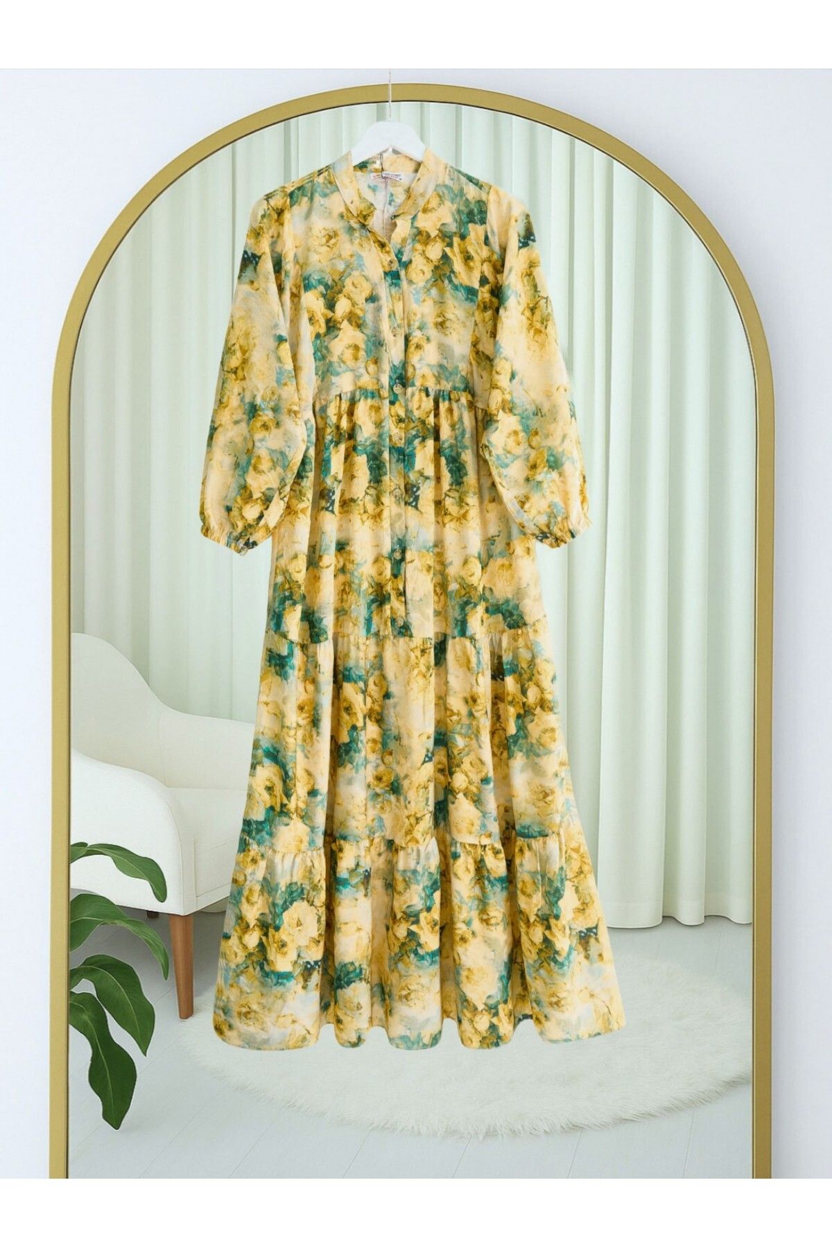 Modamorfo-Half Button Mixed Pattern Sleeve Elastic Dress -Mustard 1
