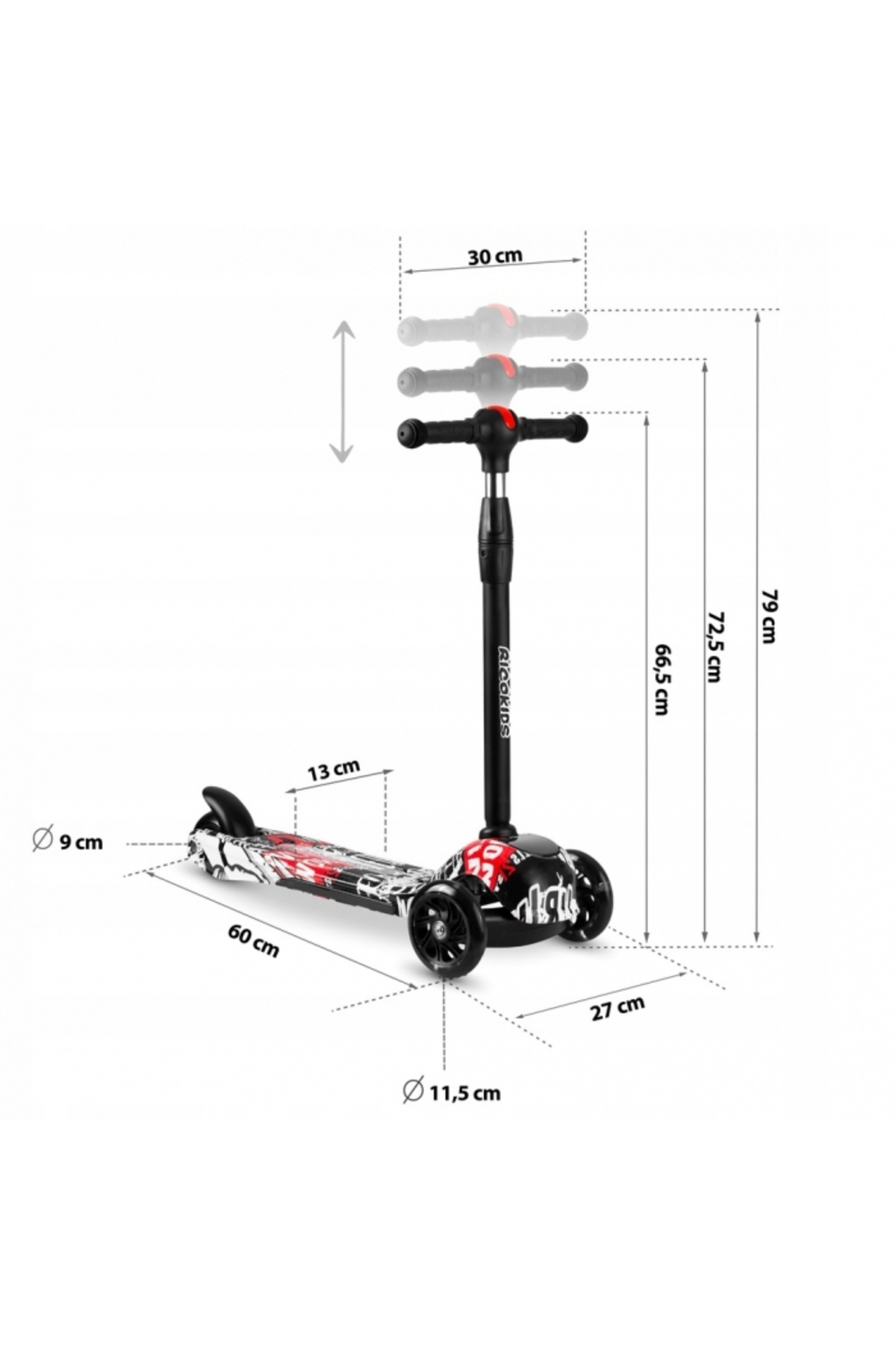 Ricokids-Piko Black/White/Red Children's Scooter with Adjustable Handlebar Height, Wheels with LED Lights, as 8