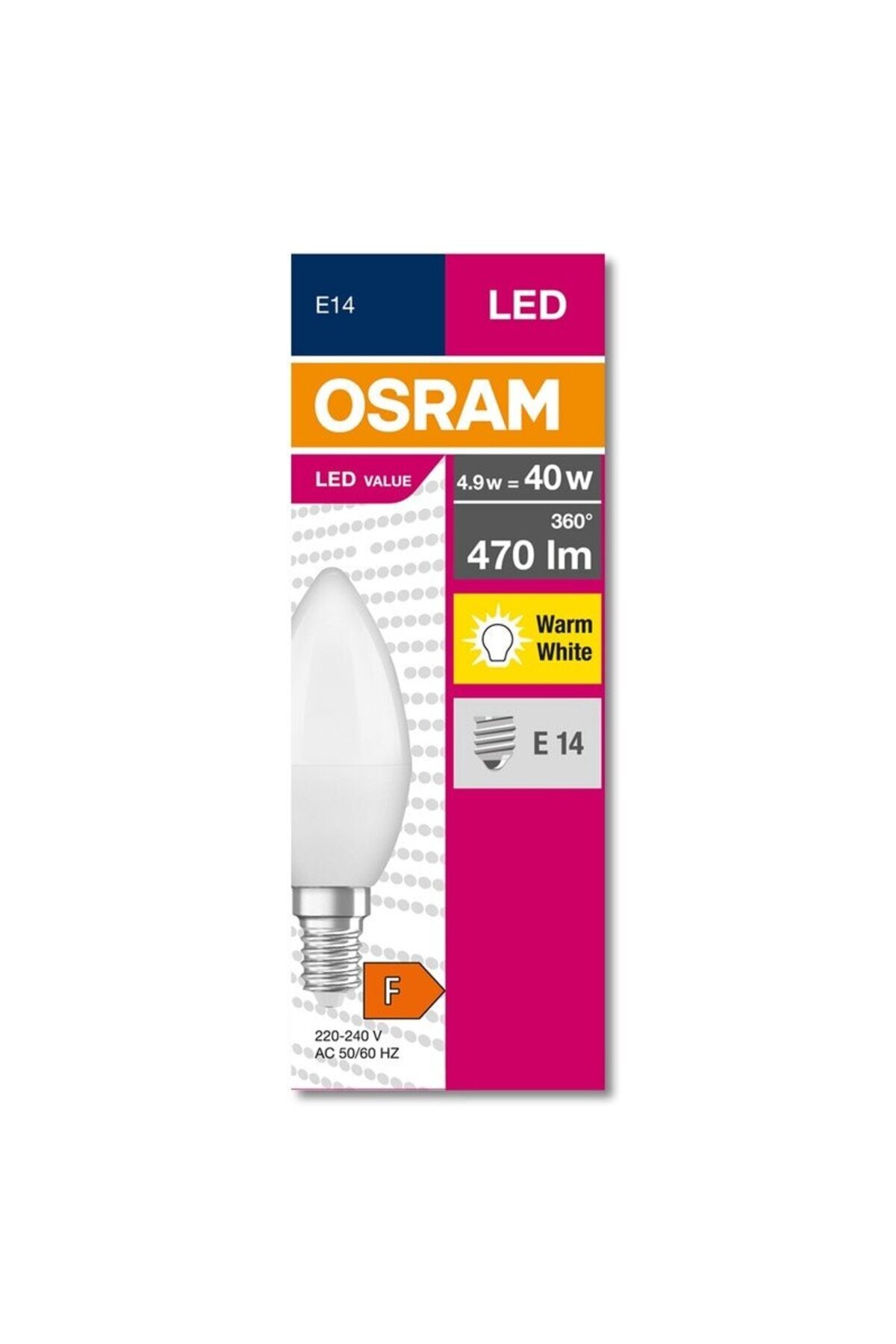 Osram-Set 5 becuri LED, tip lumanare, E14, 4.9 W echivalent 40W, 470 lm, lumina calda, 3000k 3