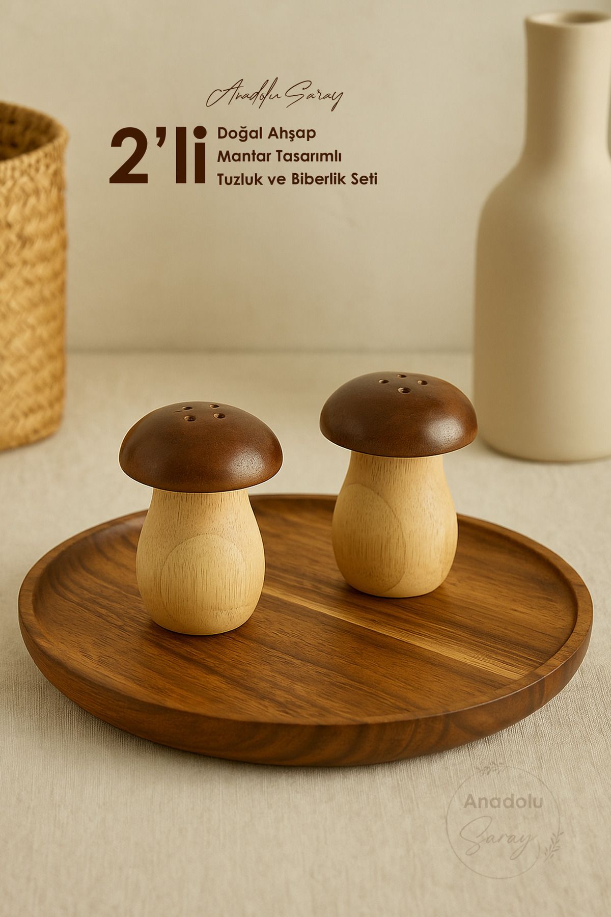 Anadolu Saray-Set of 2 Natural Wooden Cork Design Salt and Pepper Shakers |   Spice Rack with Stylish Presentation Mushroom Design 1