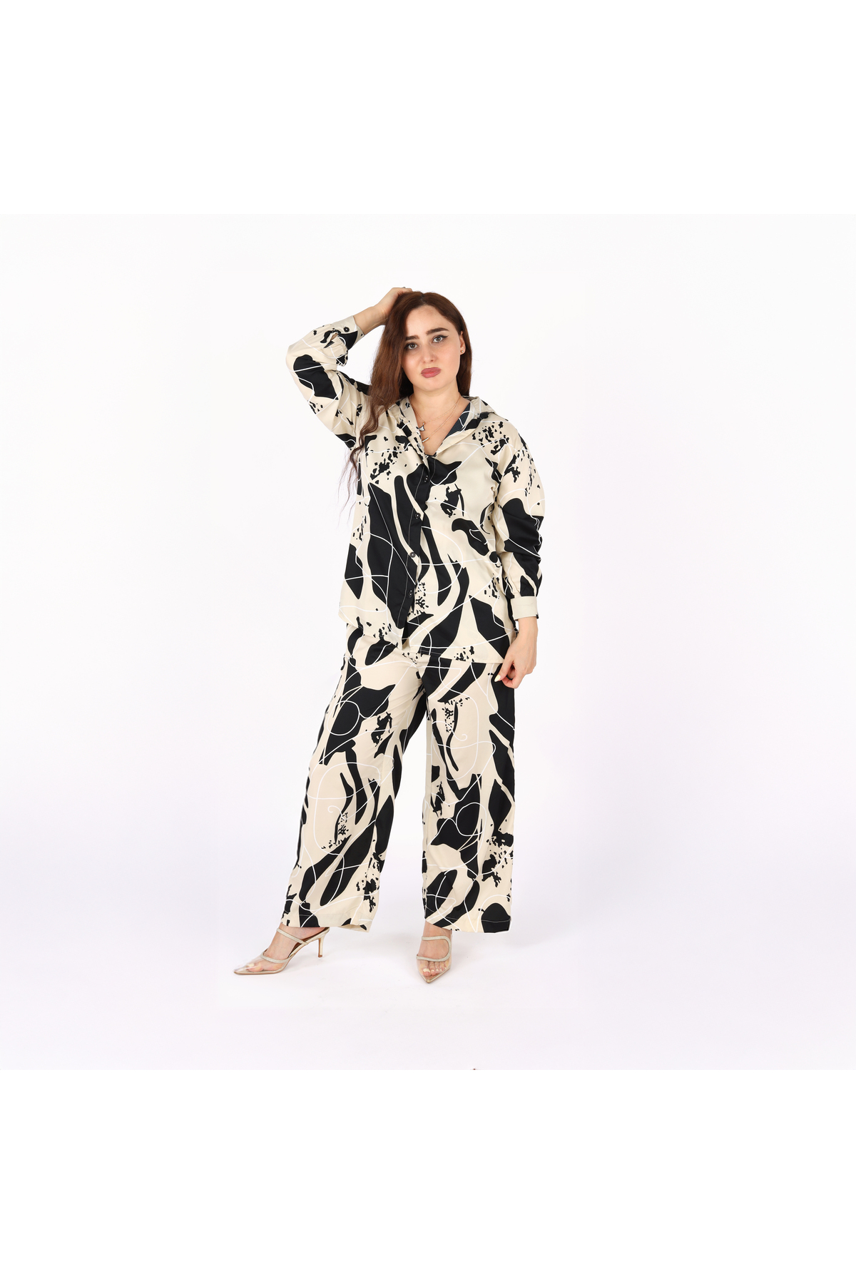 LINELLE Ladies Co-ord Pant Set- Printed Shirt and Pant with Long Sleeves.